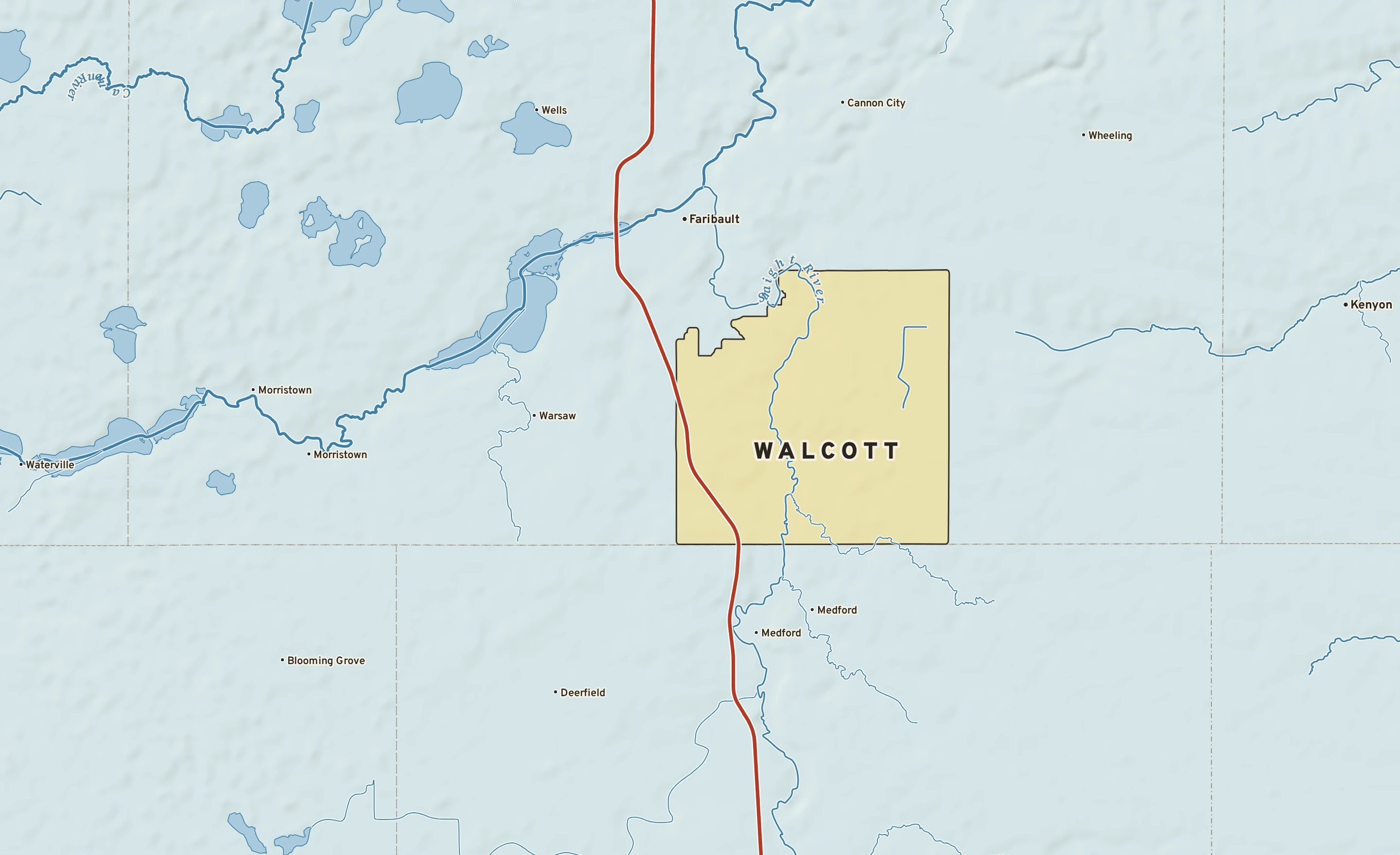 Shaded-relief atlas plate of Walcott, Minnesota: rivers, roads, the city limits and where the water drains.