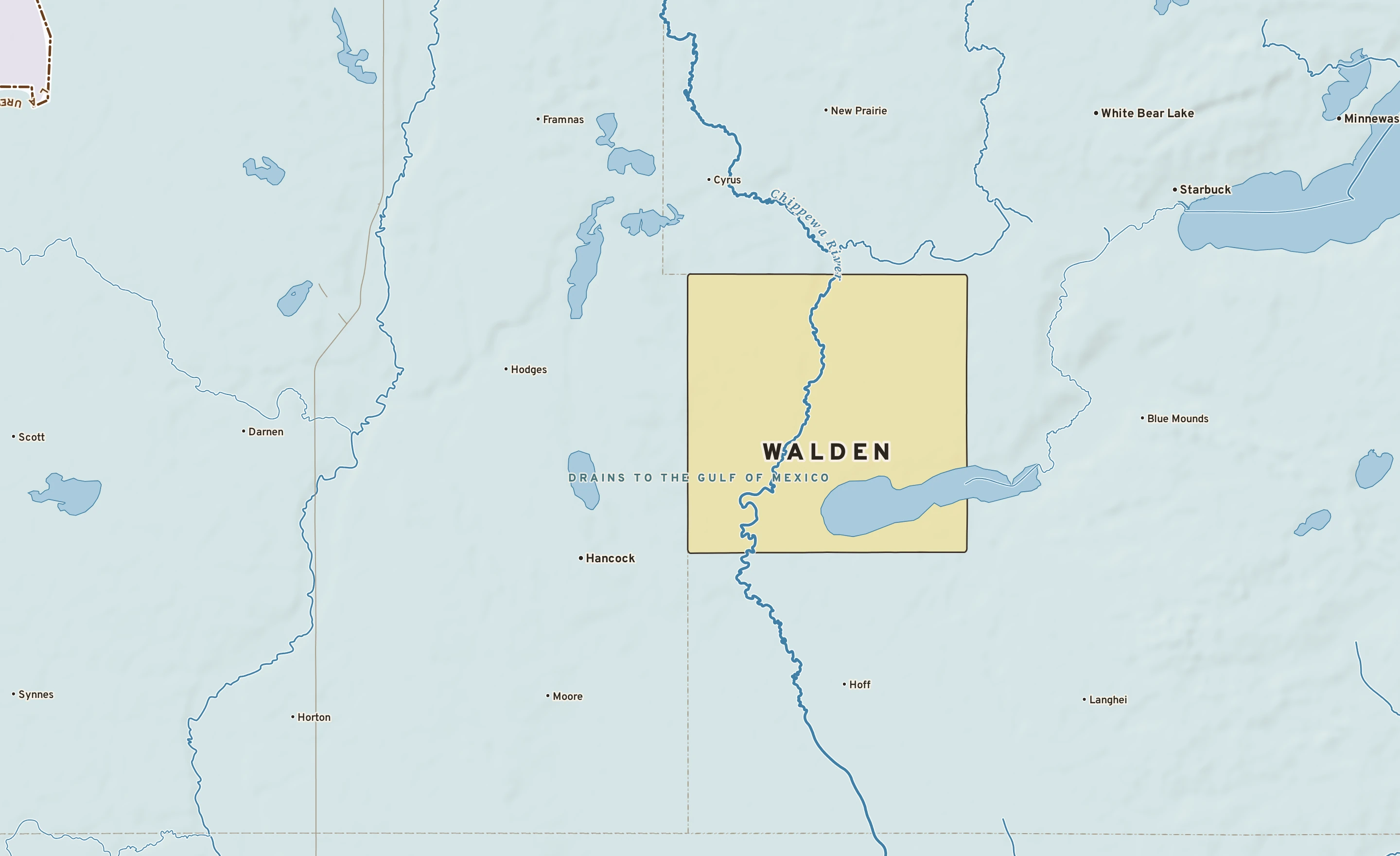 Shaded-relief atlas plate of Walden, Minnesota: rivers, roads, the city limits and where the water drains.