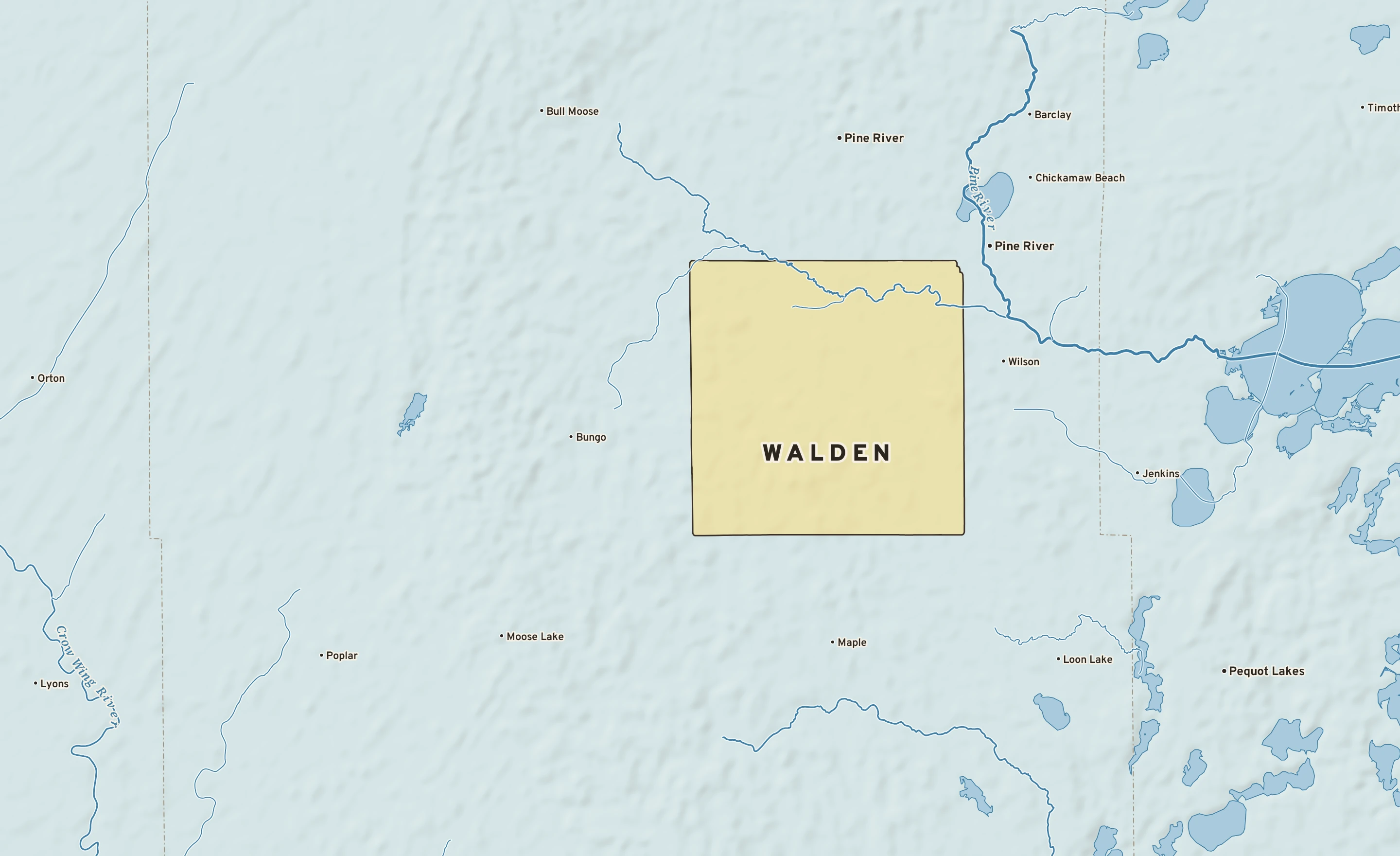 Shaded-relief atlas plate of Walden, Minnesota: rivers, roads, the city limits and where the water drains.