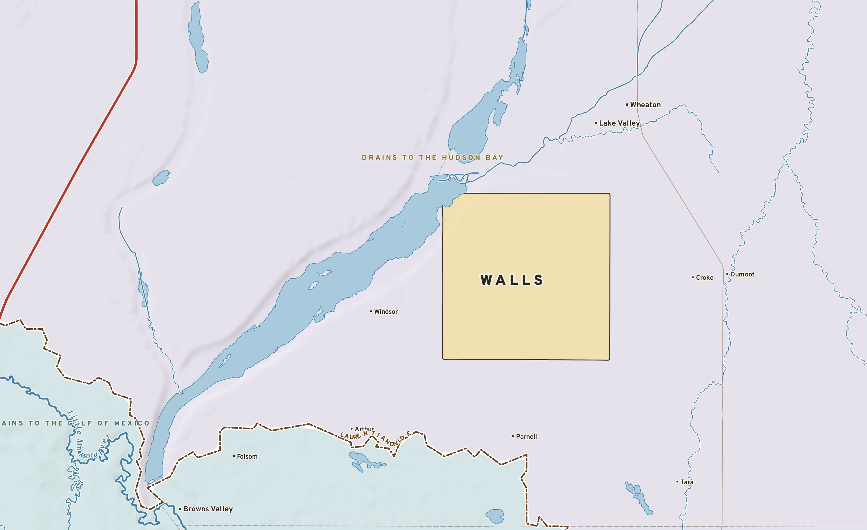 Shaded-relief atlas plate of Walls, Minnesota: rivers, roads, the city limits and where the water drains.
