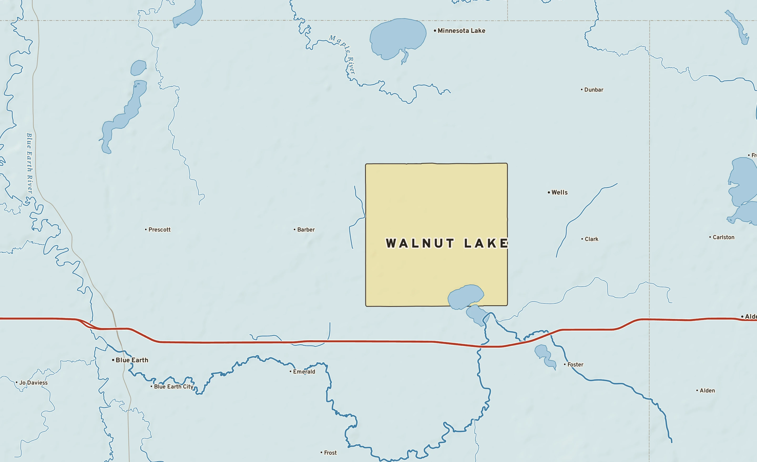 Shaded-relief atlas plate of Walnut Lake, Minnesota: rivers, roads, the city limits and where the water drains.