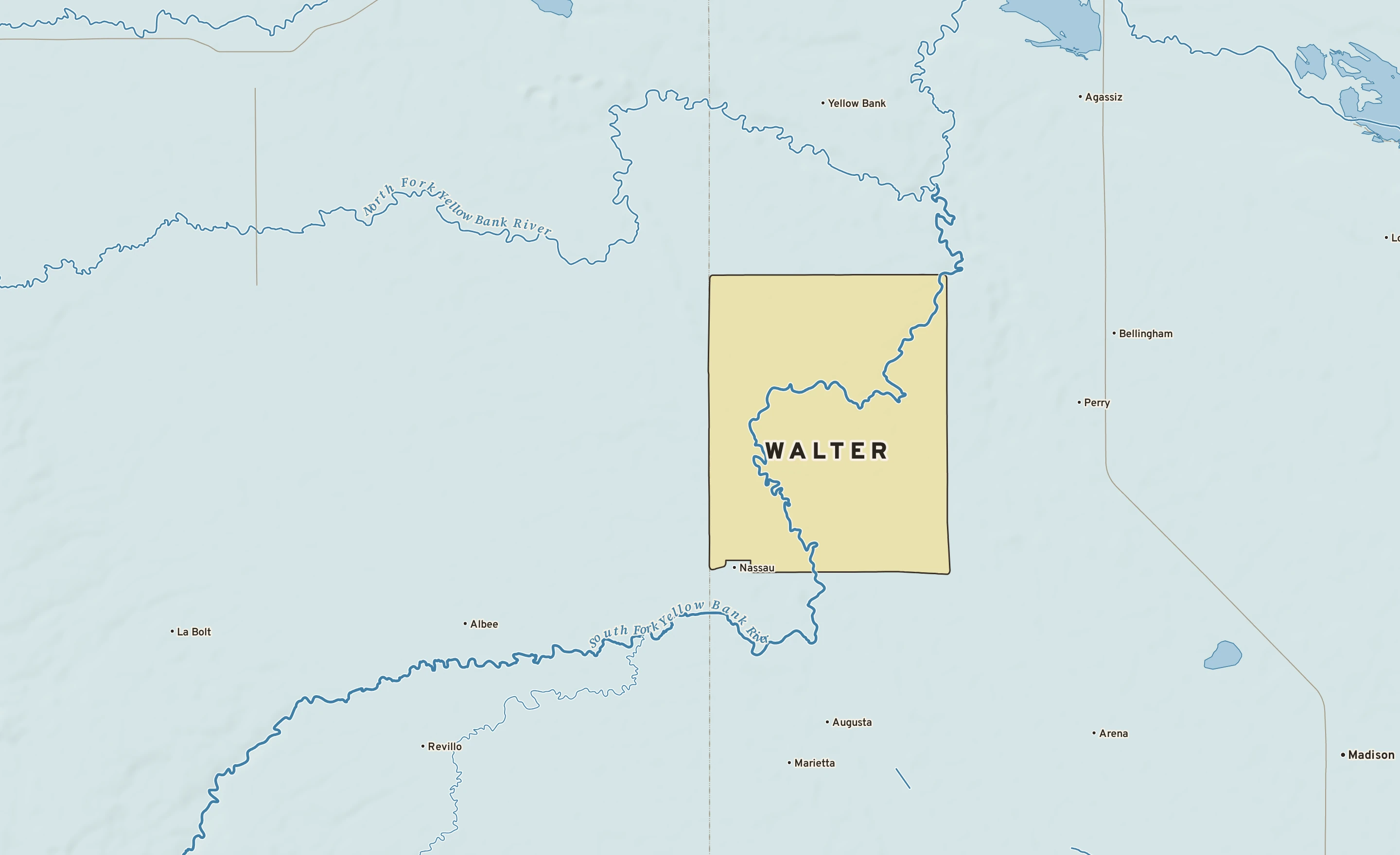 Shaded-relief atlas plate of Walter, Minnesota: rivers, roads, the city limits and where the water drains.