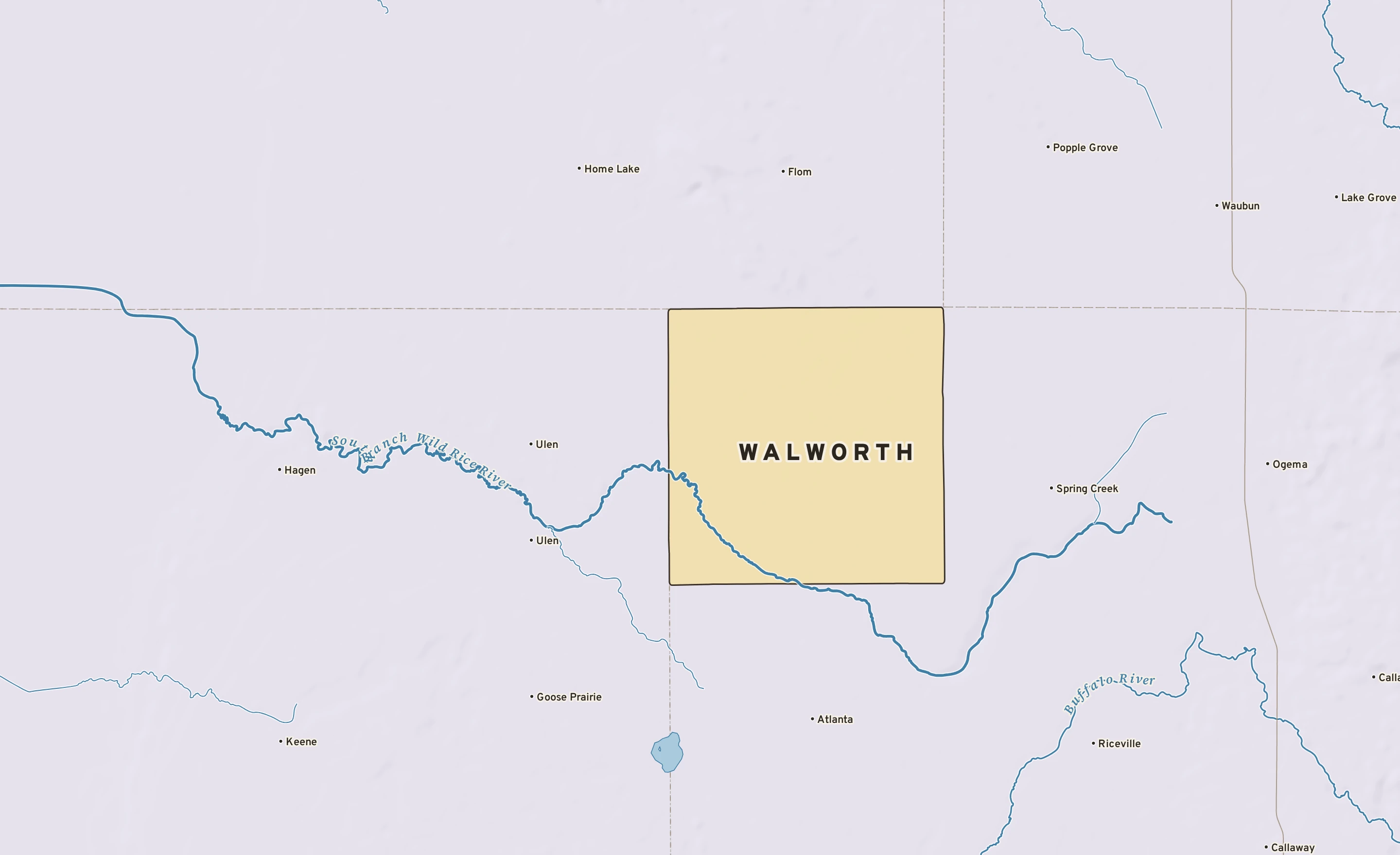 Shaded-relief atlas plate of Walworth, Minnesota: rivers, roads, the city limits and where the water drains.