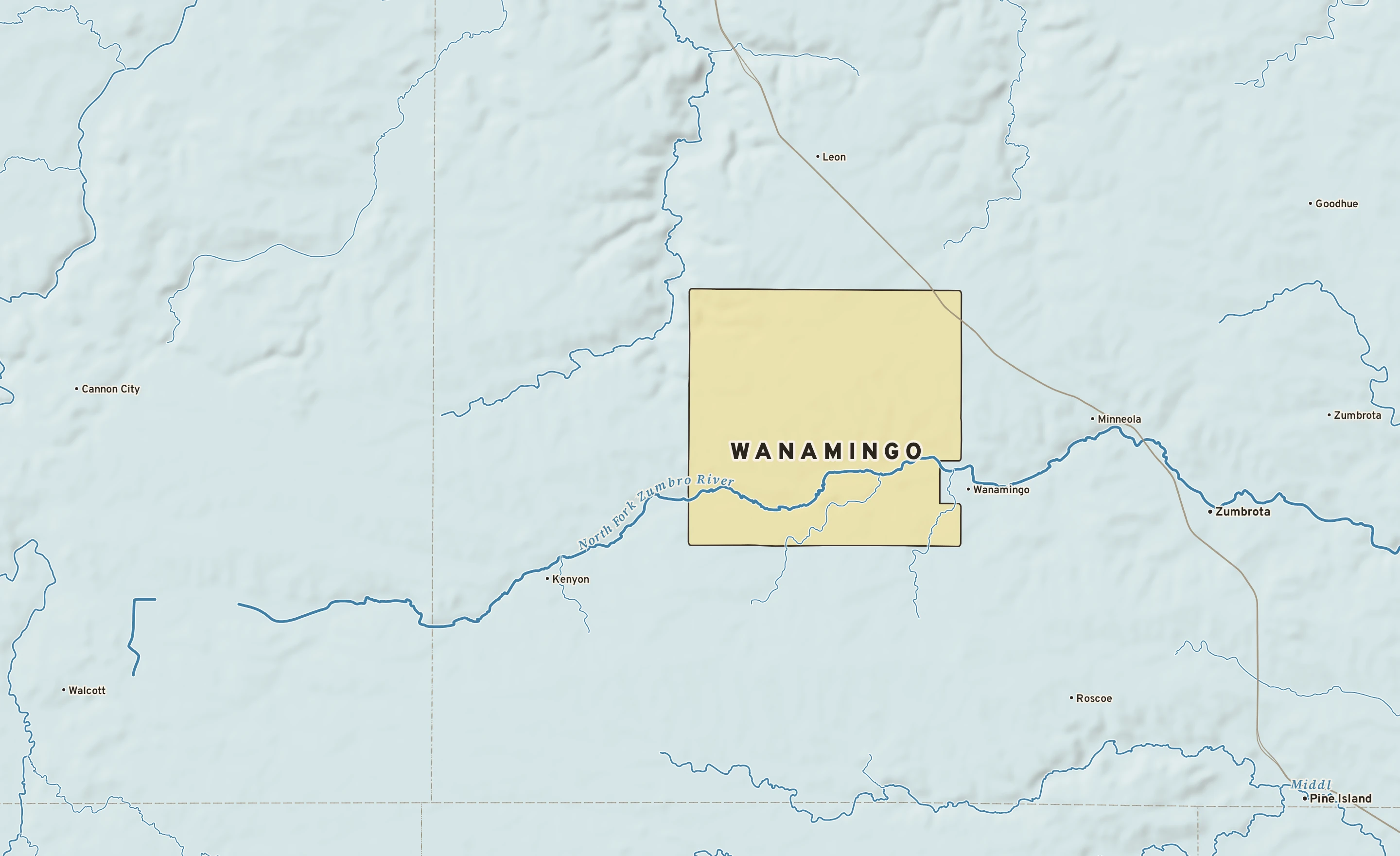 Shaded-relief atlas plate of Wanamingo, Minnesota: rivers, roads, the city limits and where the water drains.