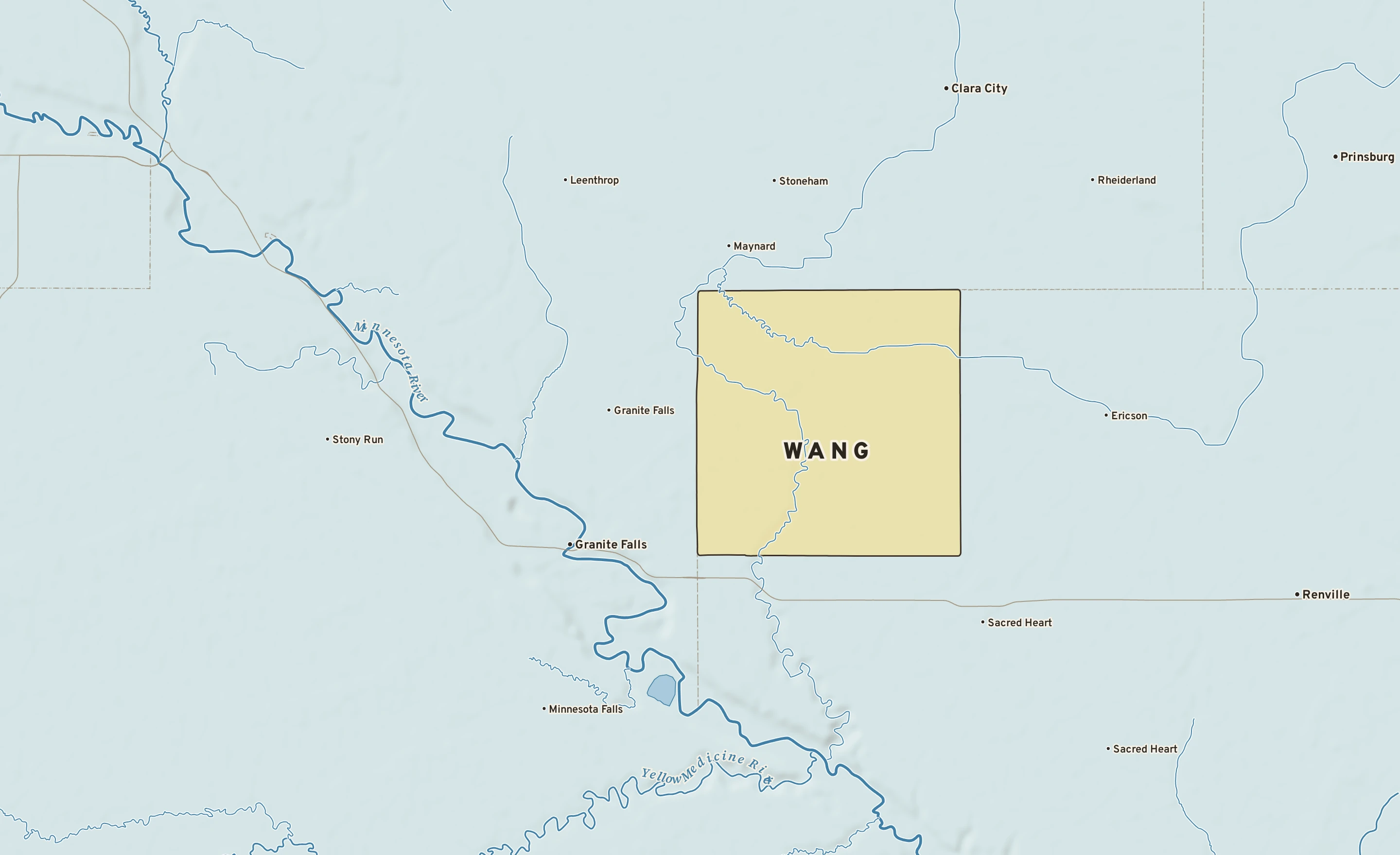 Shaded-relief atlas plate of Wang, Minnesota: rivers, roads, the city limits and where the water drains.
