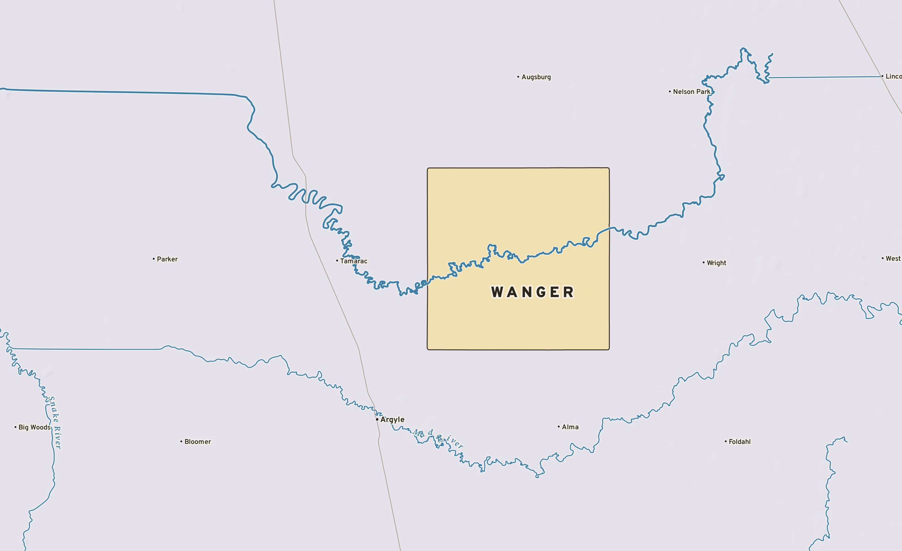 Shaded-relief atlas plate of Wanger, Minnesota: rivers, roads, the city limits and where the water drains.