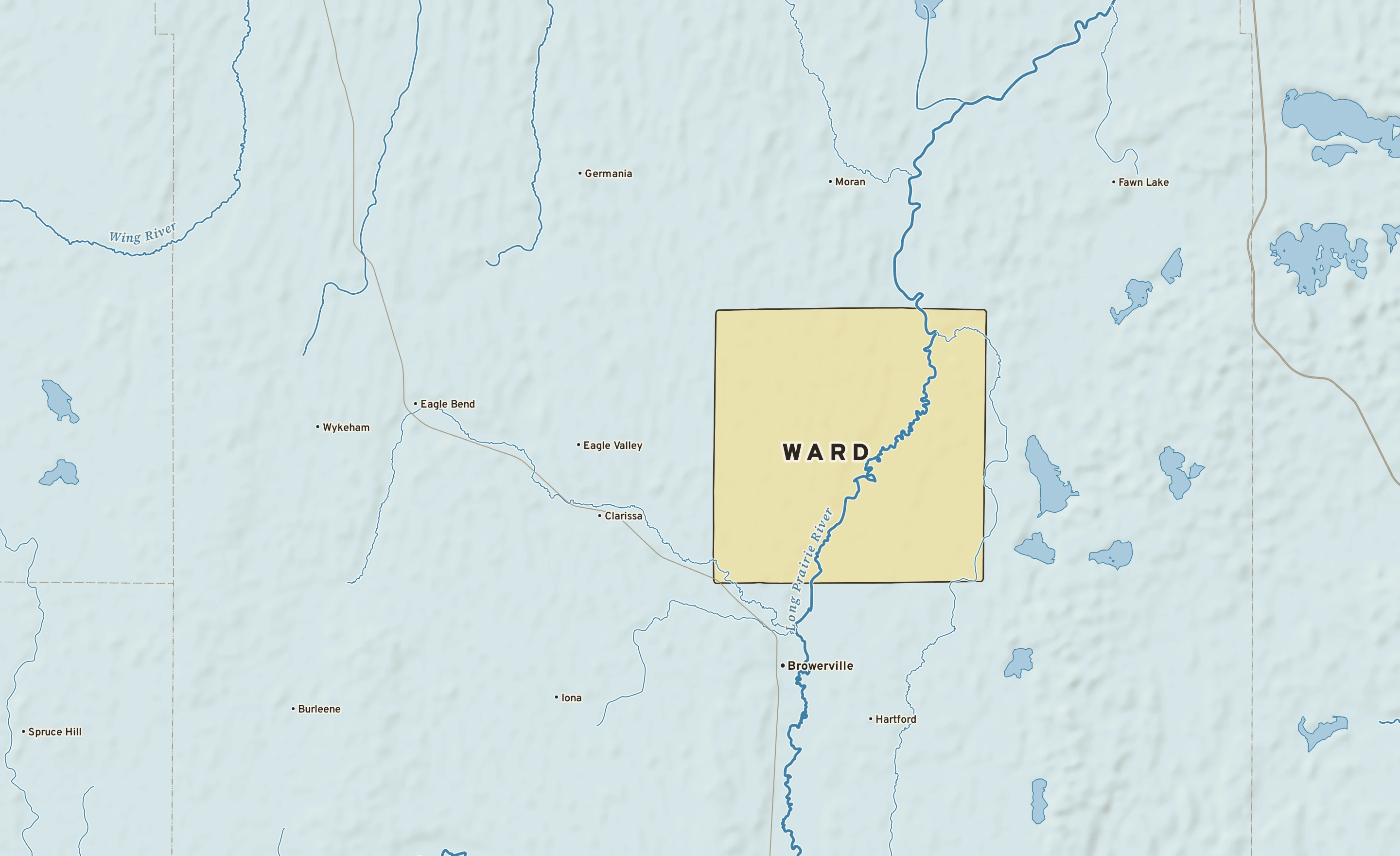 Shaded-relief atlas plate of Ward, Minnesota: rivers, roads, the city limits and where the water drains.