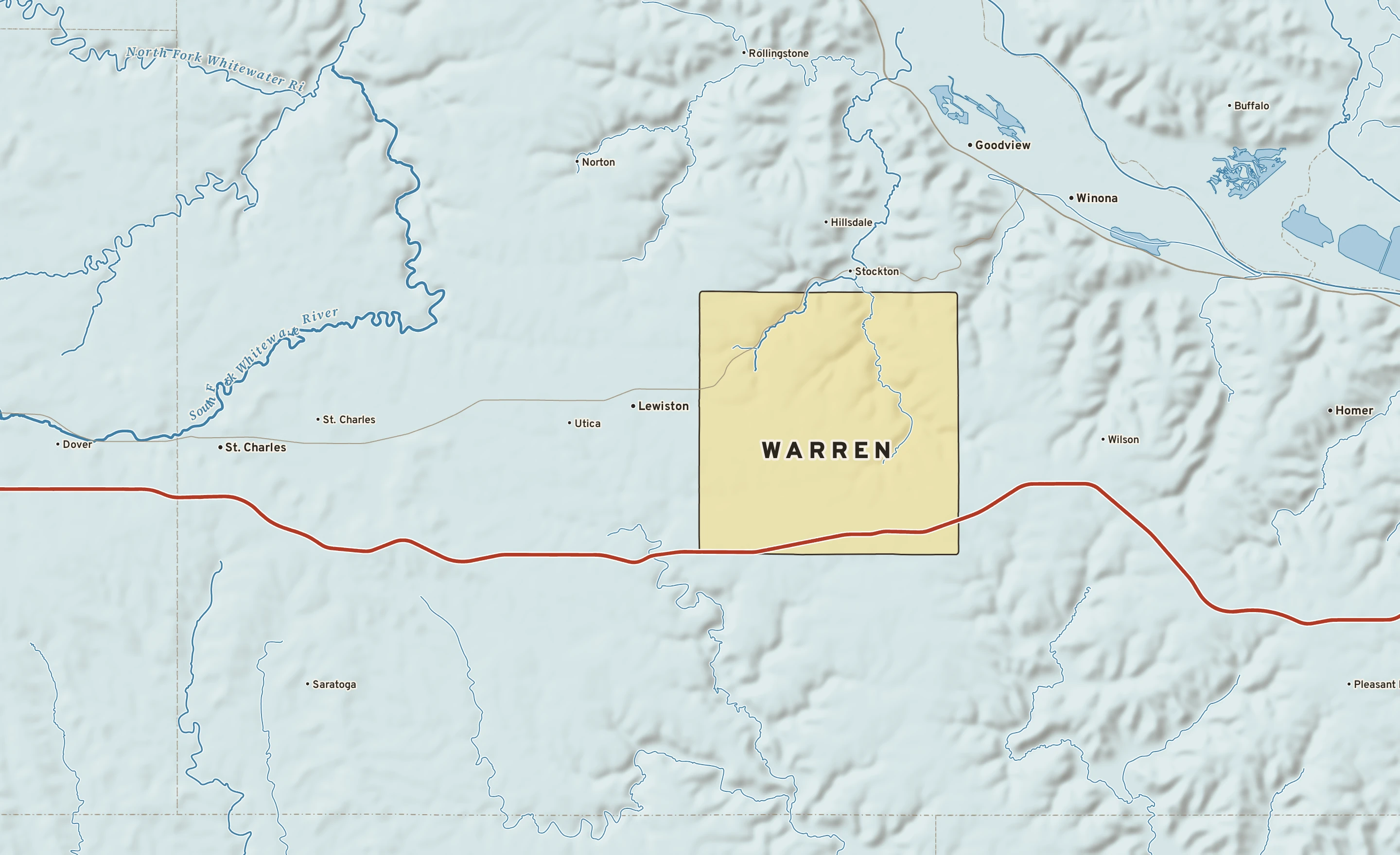 Shaded-relief atlas plate of Warren, Minnesota: rivers, roads, the city limits and where the water drains.