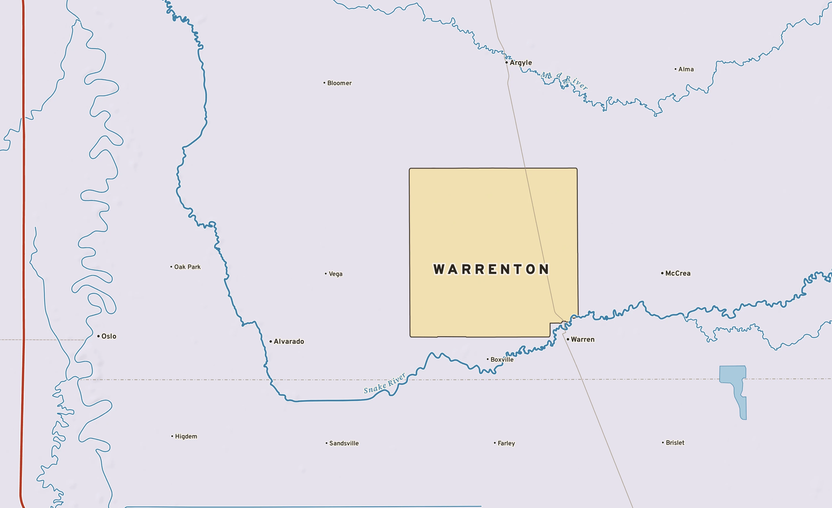 Shaded-relief atlas plate of Warrenton, Minnesota: rivers, roads, the city limits and where the water drains.