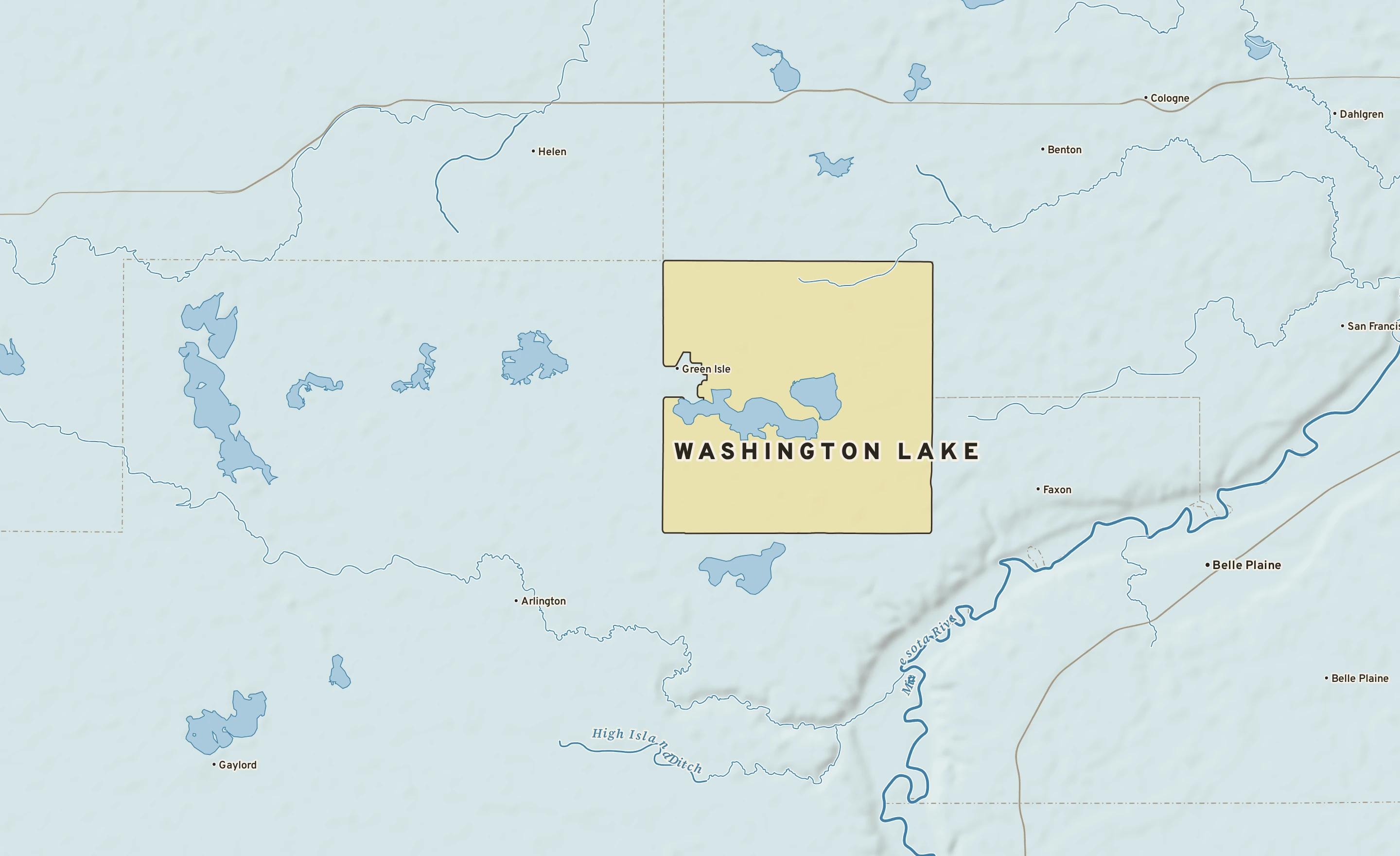 Shaded-relief atlas plate of Washington Lake, Minnesota: rivers, roads, the city limits and where the water drains.