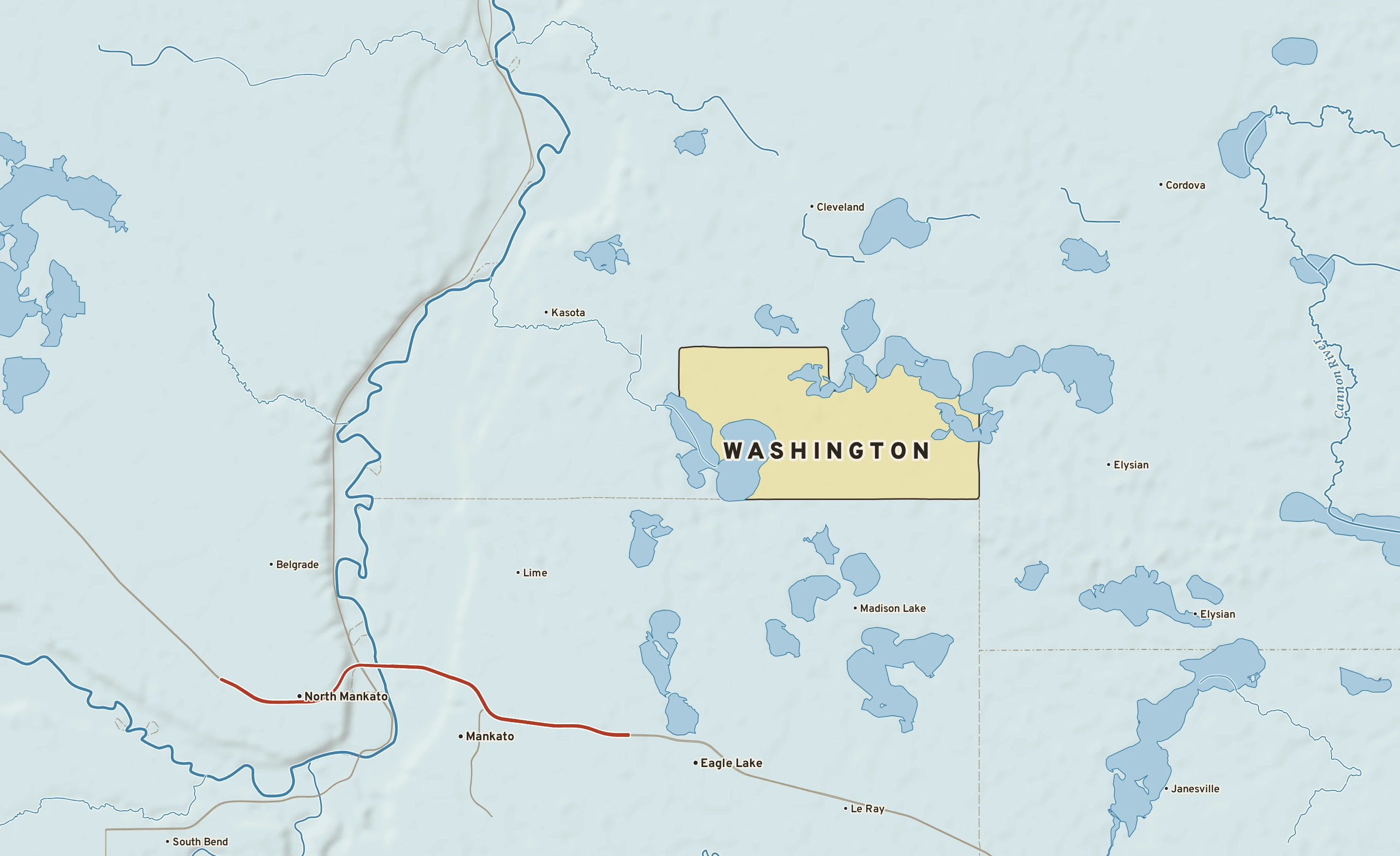 Shaded-relief atlas plate of Washington, Minnesota: rivers, roads, the city limits and where the water drains.