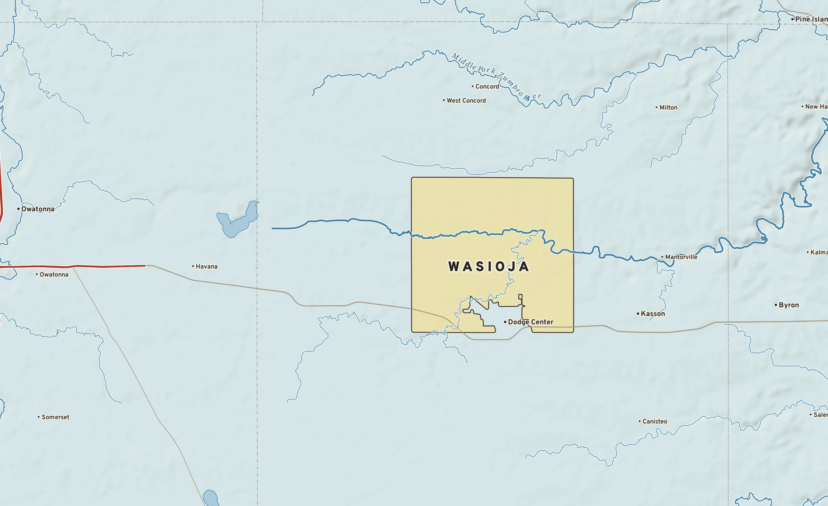 Shaded-relief atlas plate of Wasioja, Minnesota: rivers, roads, the city limits and where the water drains.