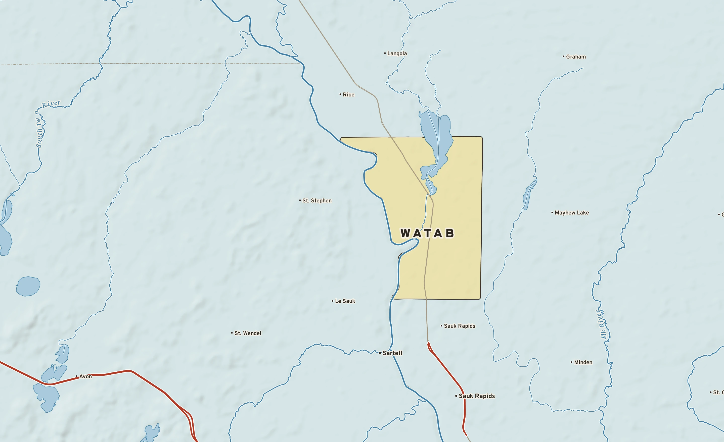 Shaded-relief atlas plate of Watab, Minnesota: rivers, roads, the city limits and where the water drains.