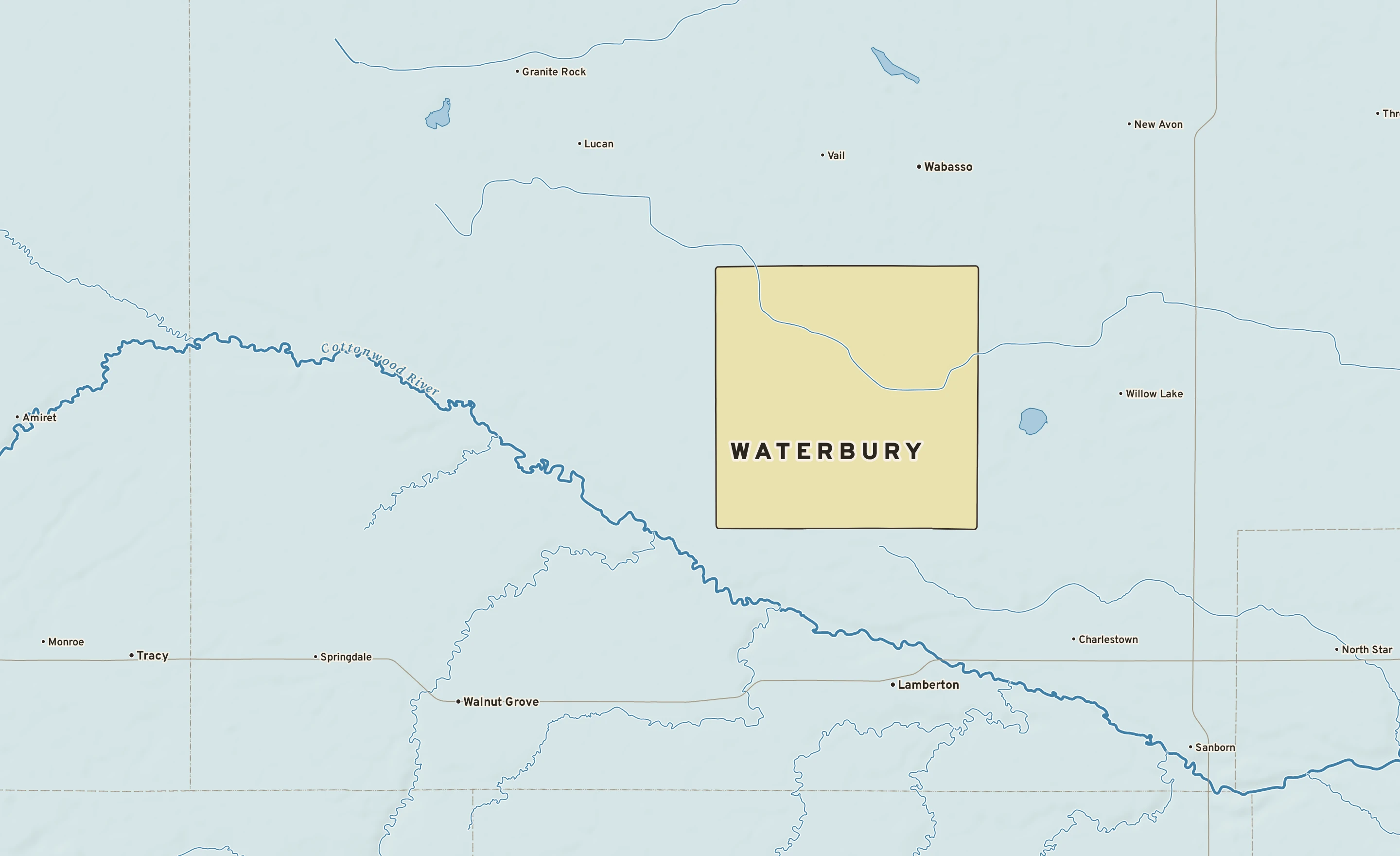 Shaded-relief atlas plate of Waterbury, Minnesota: rivers, roads, the city limits and where the water drains.