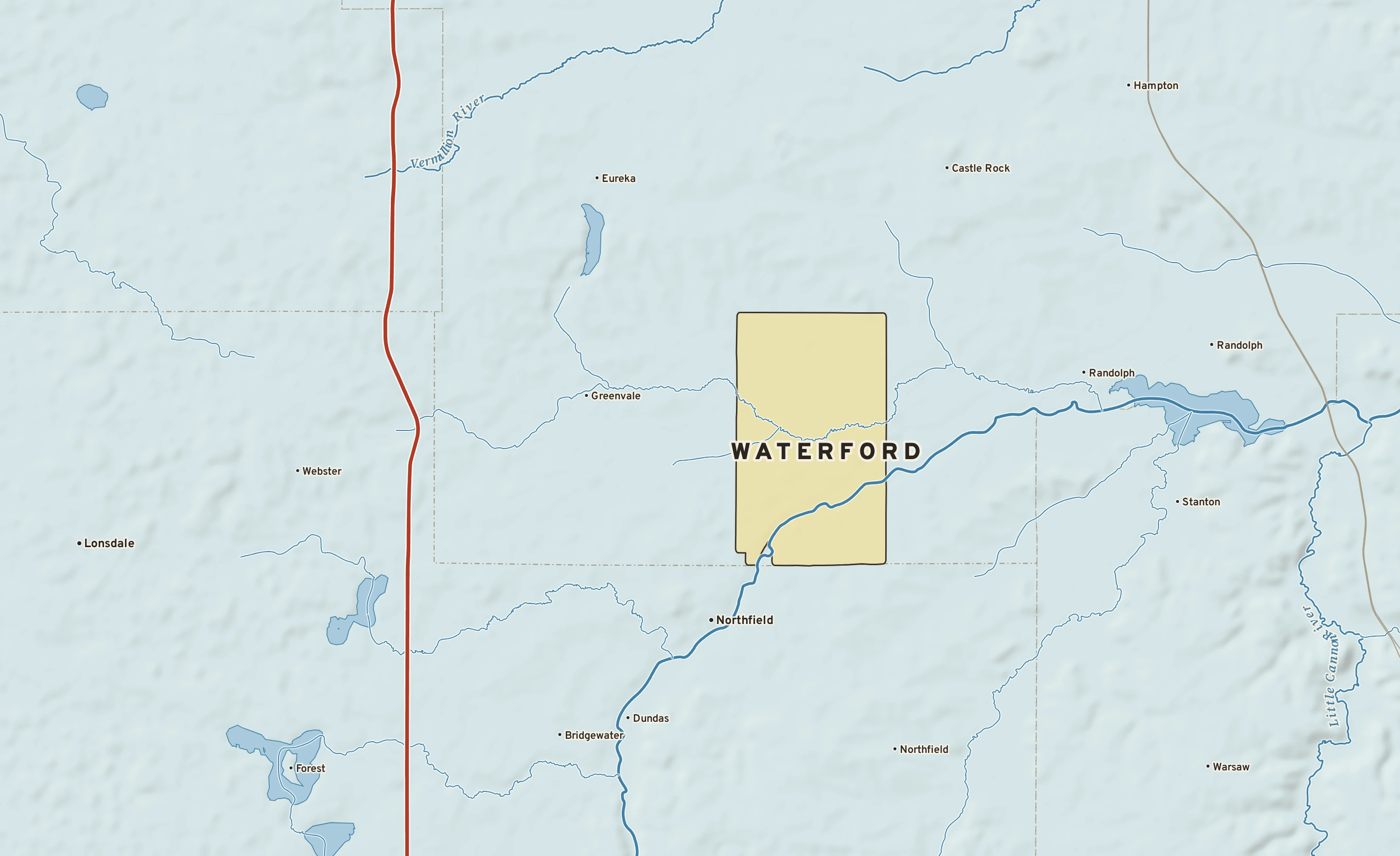 Shaded-relief atlas plate of Waterford, Minnesota: rivers, roads, the city limits and where the water drains.