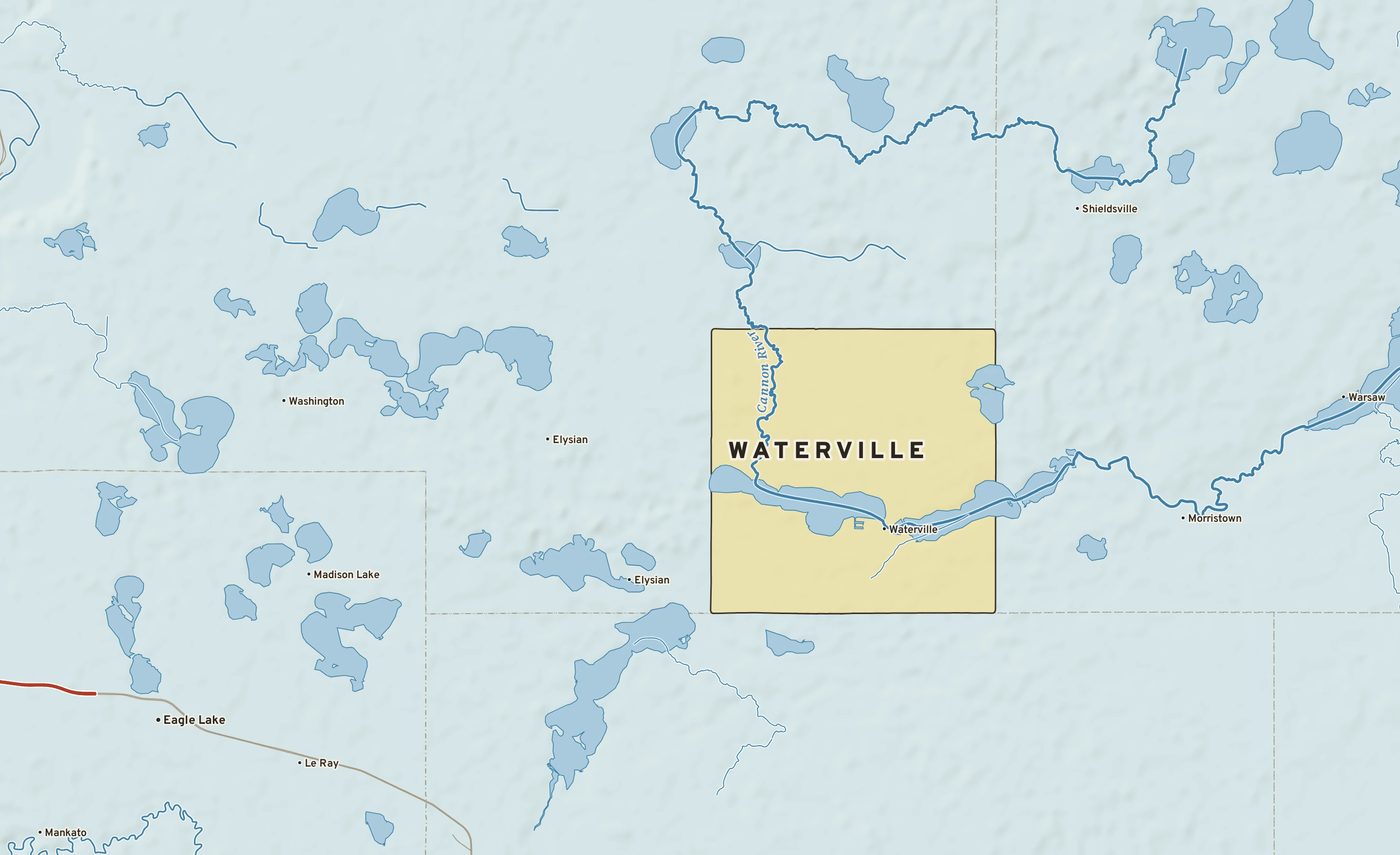 Shaded-relief atlas plate of Waterville, Minnesota: rivers, roads, the city limits and where the water drains.
