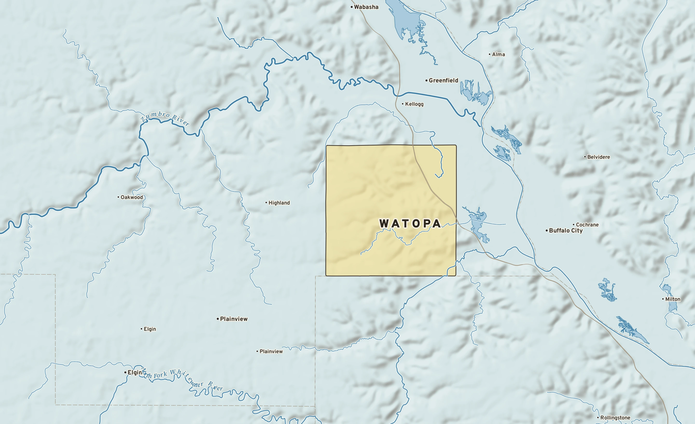 Shaded-relief atlas plate of Watopa, Minnesota: rivers, roads, the city limits and where the water drains.