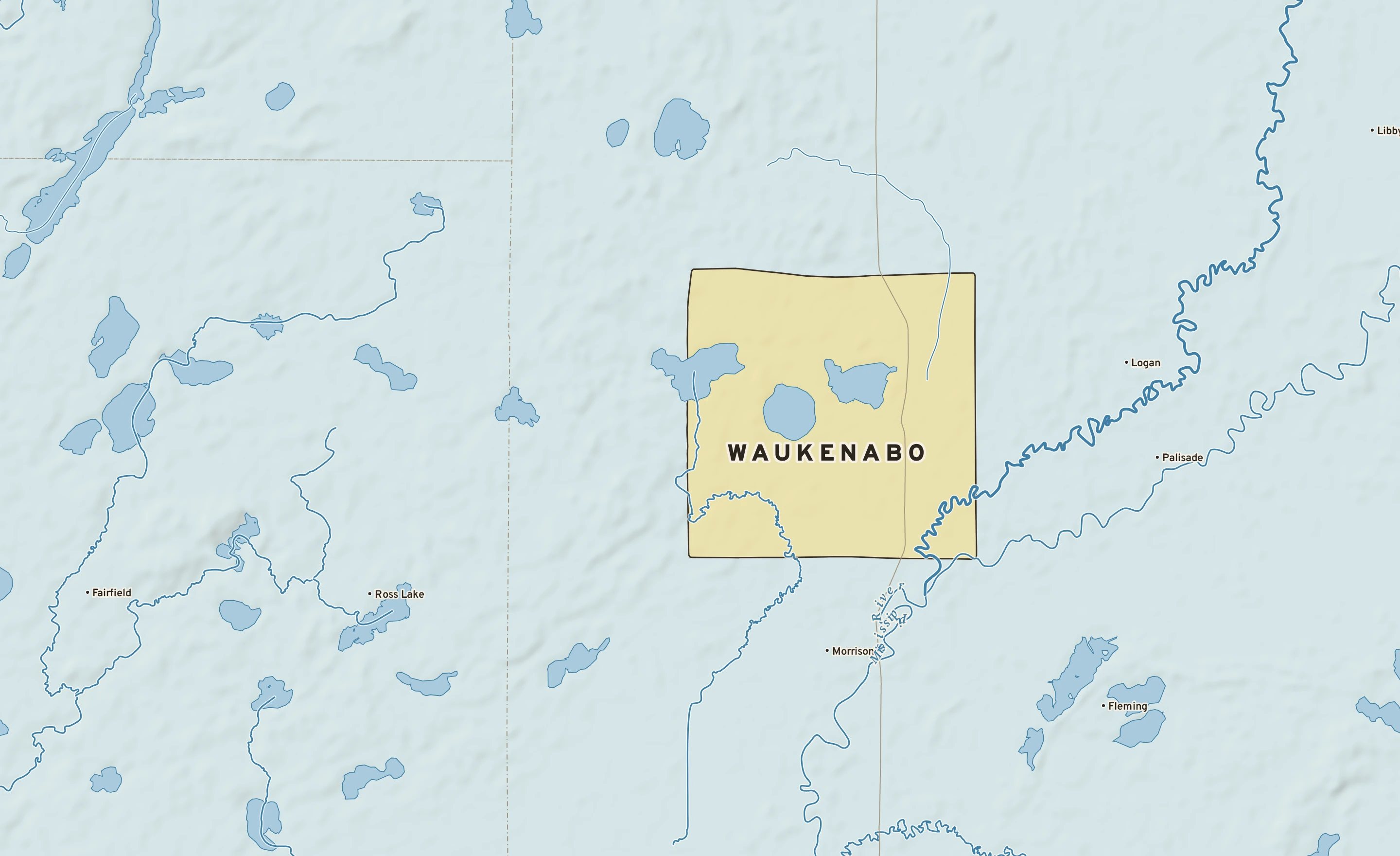 Shaded-relief atlas plate of Waukenabo, Minnesota: rivers, roads, the city limits and where the water drains.
