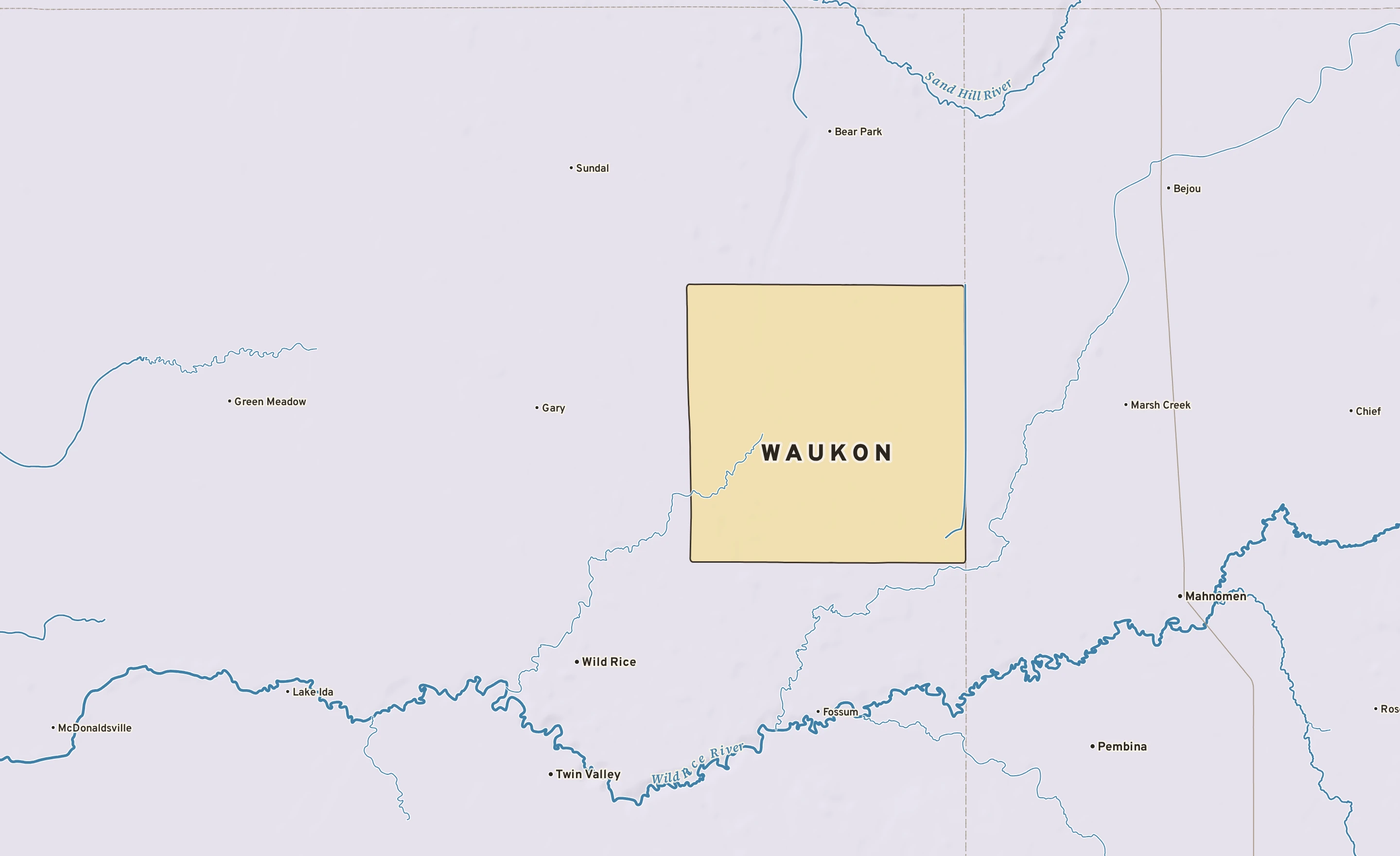 Shaded-relief atlas plate of Waukon, Minnesota: rivers, roads, the city limits and where the water drains.