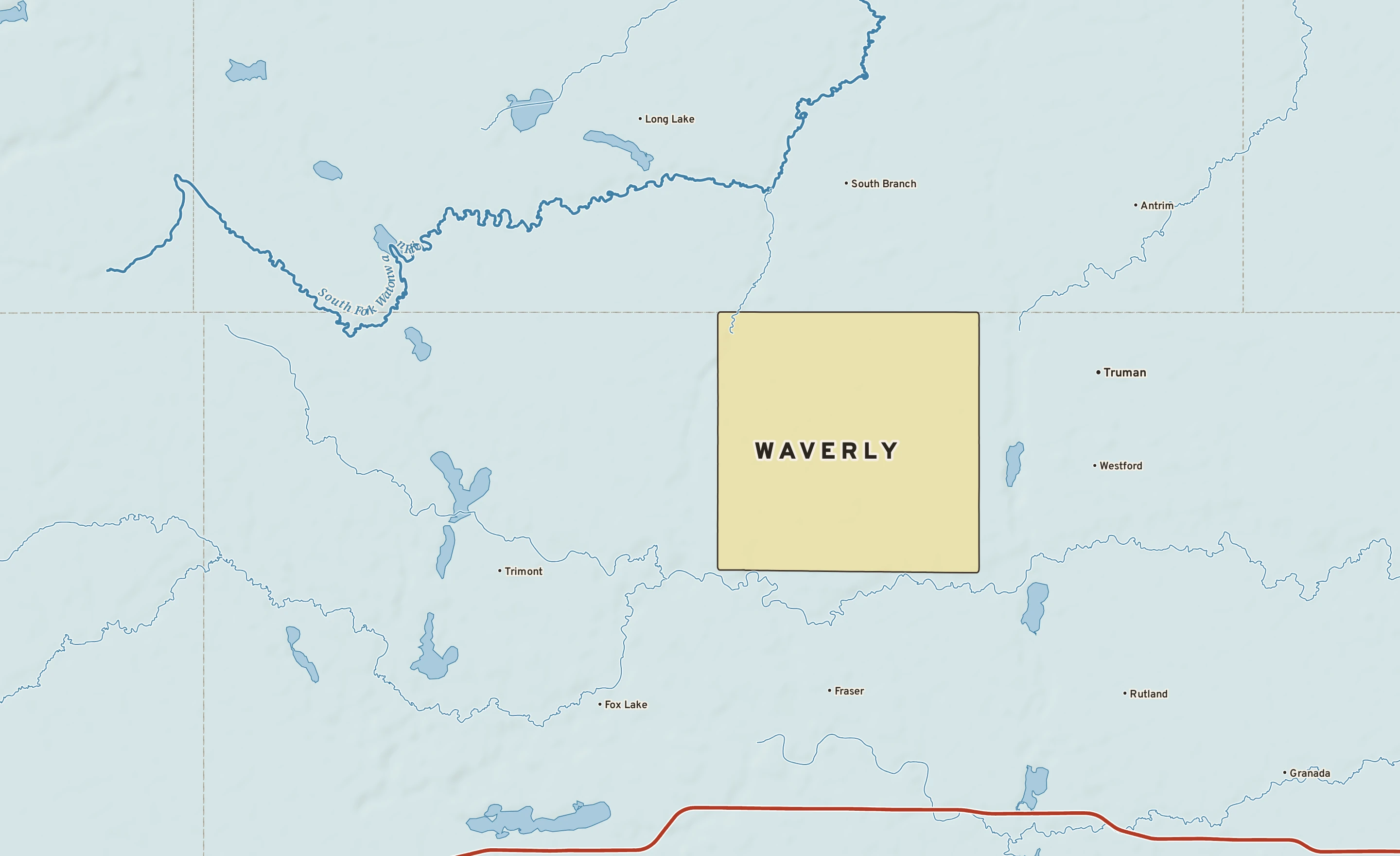 Shaded-relief atlas plate of Waverly, Minnesota: rivers, roads, the city limits and where the water drains.