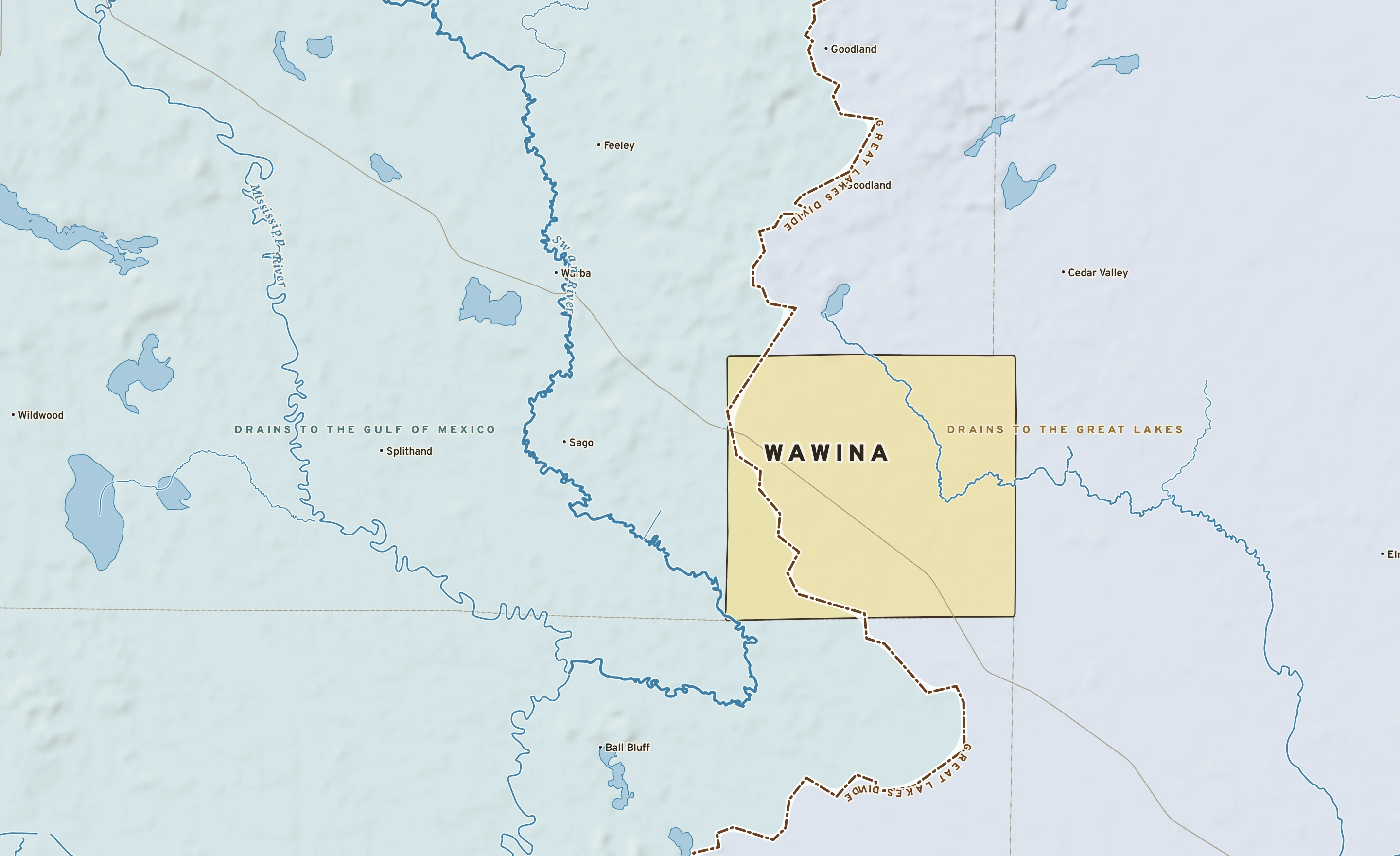 Shaded-relief atlas plate of Wawina, Minnesota: rivers, roads, the city limits and where the water drains.
