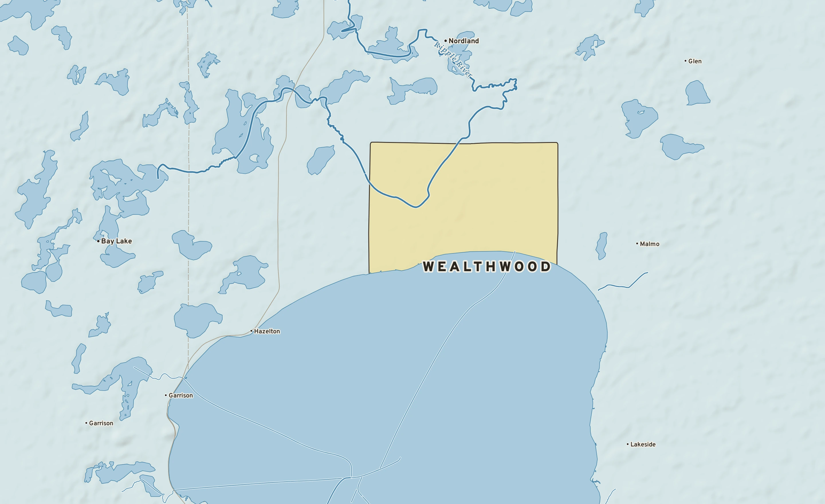 Shaded-relief atlas plate of Wealthwood, Minnesota: rivers, roads, the city limits and where the water drains.