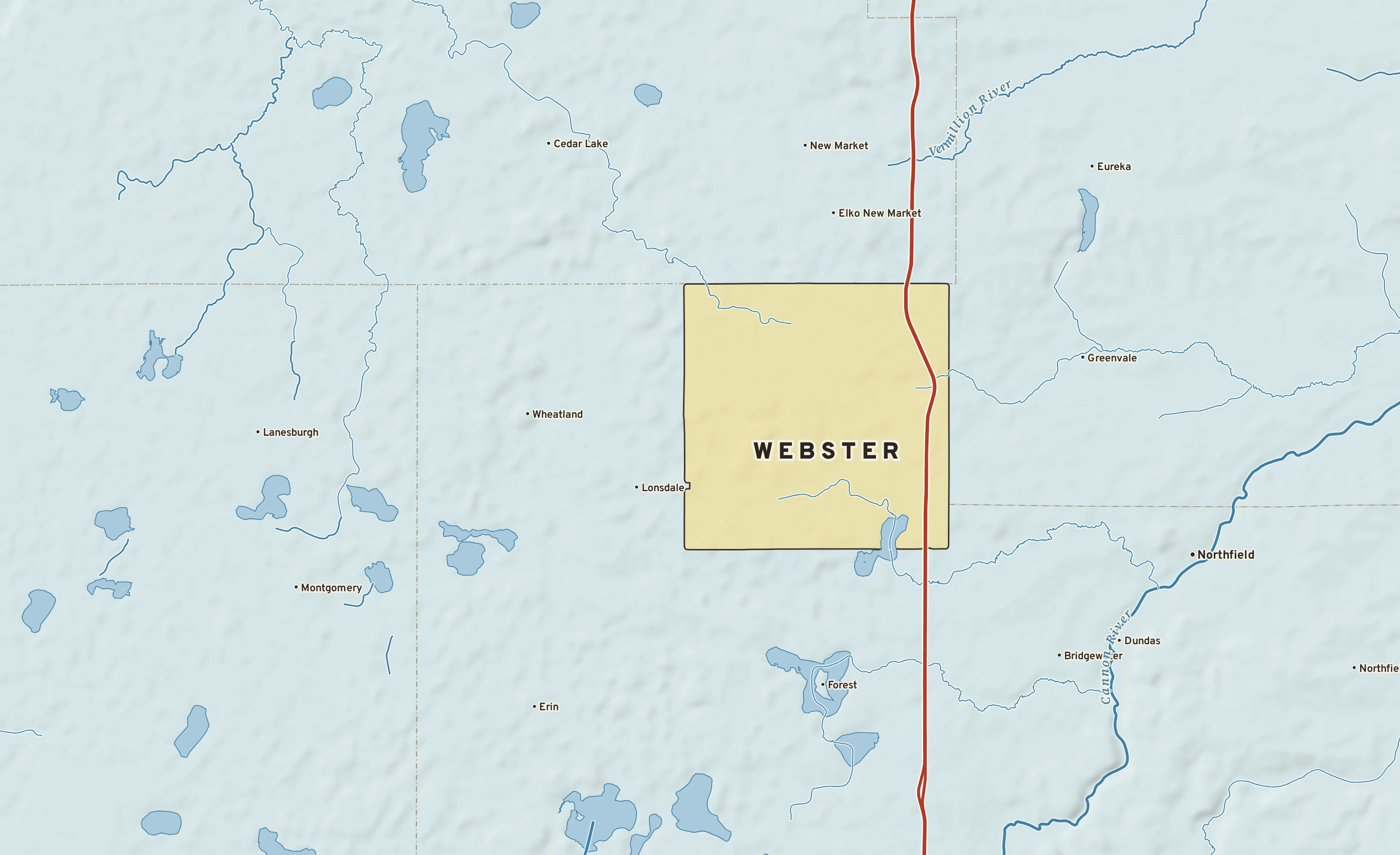 Shaded-relief atlas plate of Webster, Minnesota: rivers, roads, the city limits and where the water drains.
