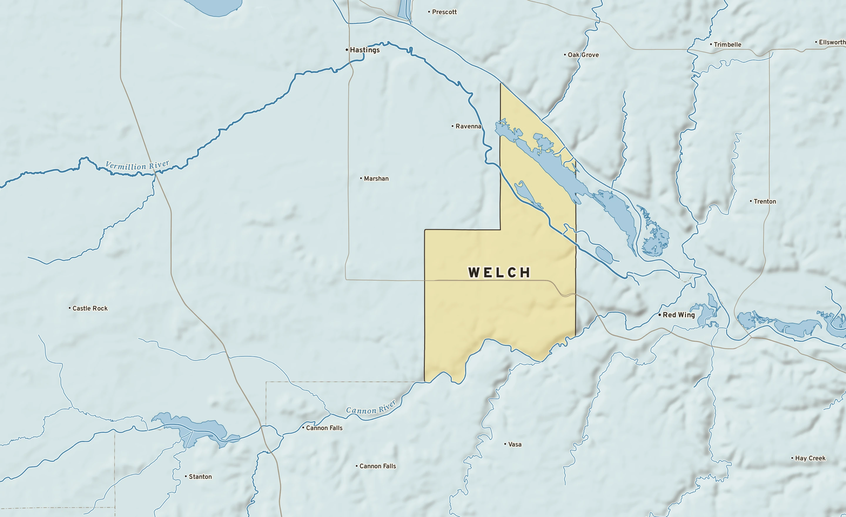 Shaded-relief atlas plate of Welch, Minnesota: rivers, roads, the city limits and where the water drains.