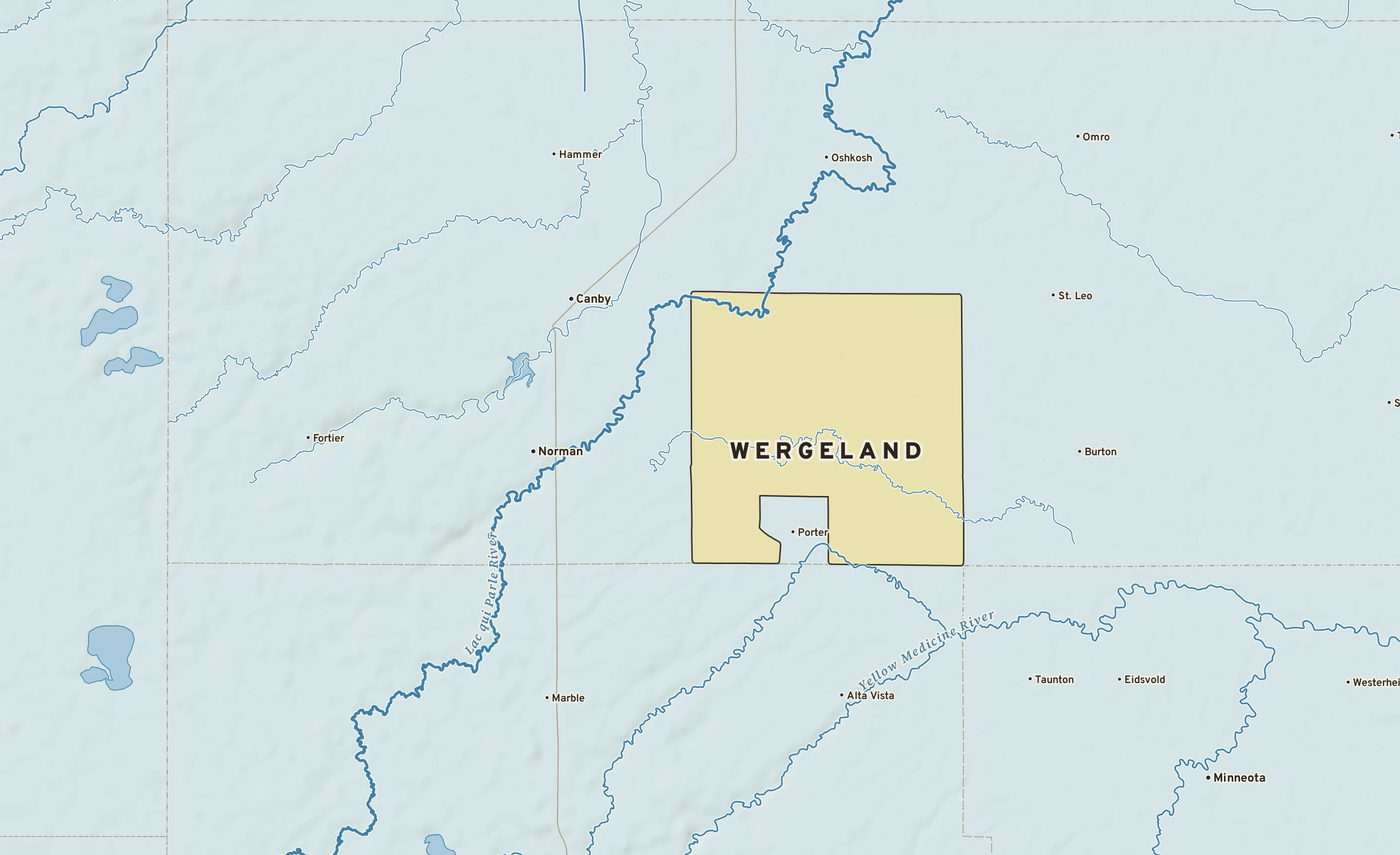Shaded-relief atlas plate of Wergeland, Minnesota: rivers, roads, the city limits and where the water drains.