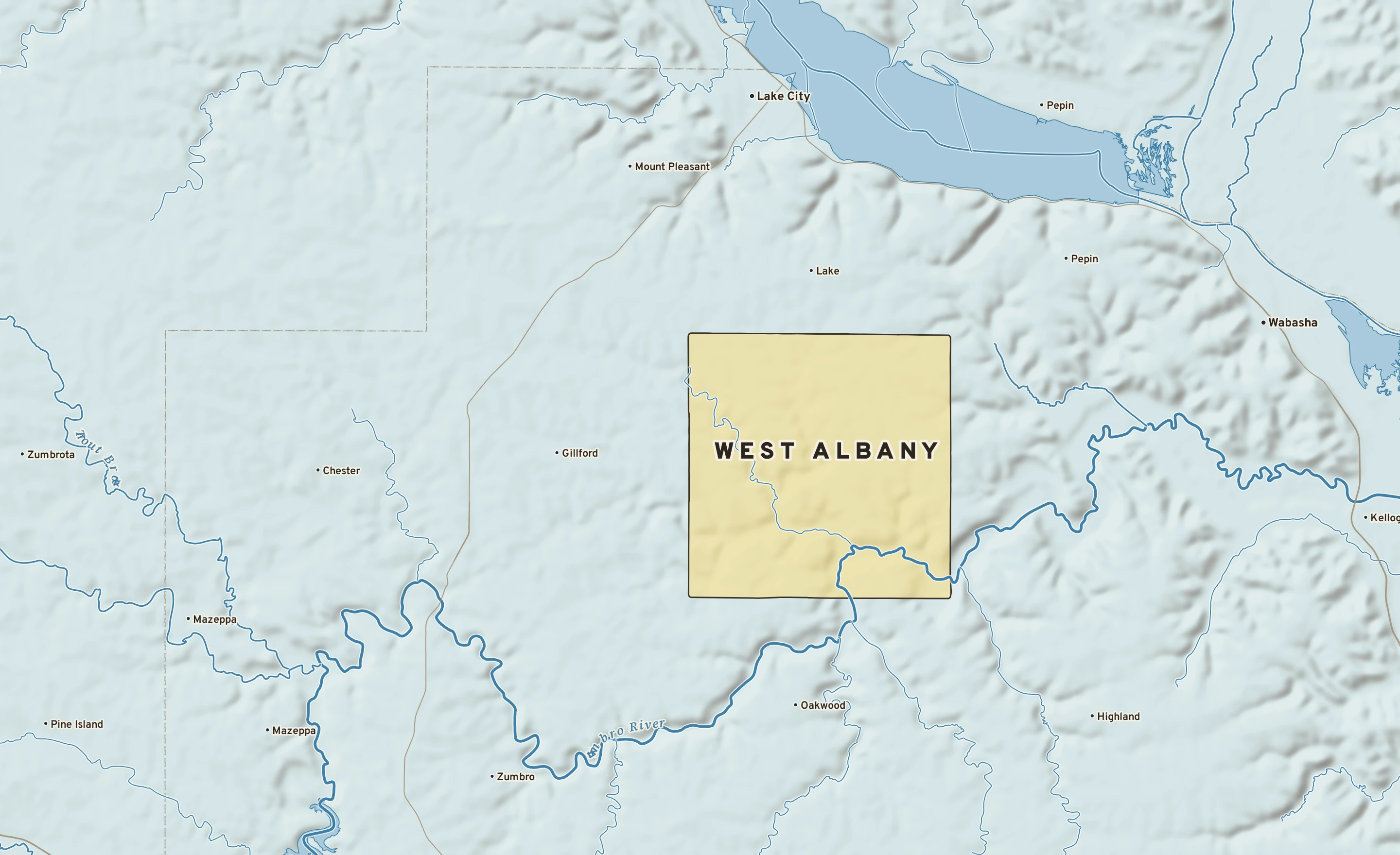 Shaded-relief atlas plate of West Albany, Minnesota: rivers, roads, the city limits and where the water drains.