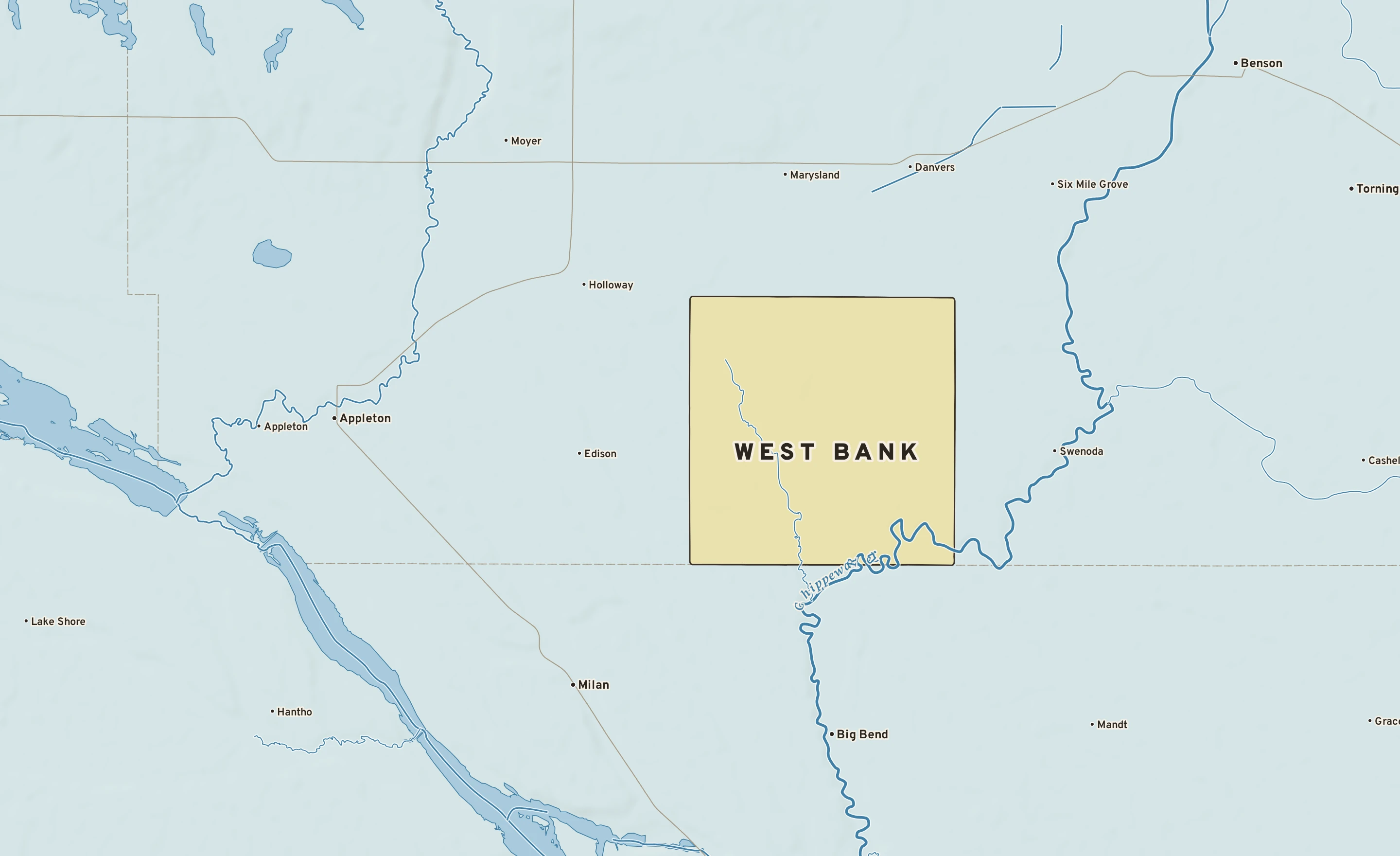Shaded-relief atlas plate of West Bank, Minnesota: rivers, roads, the city limits and where the water drains.