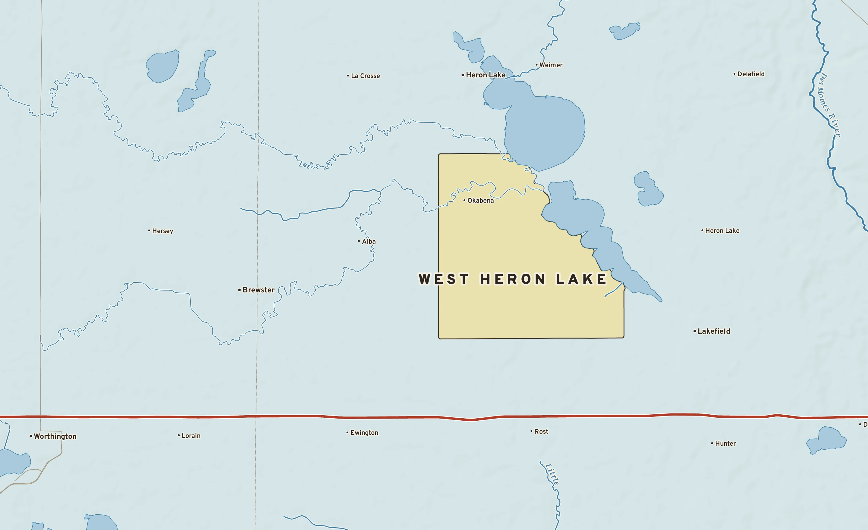 Shaded-relief atlas plate of West Heron Lake, Minnesota: rivers, roads, the city limits and where the water drains.