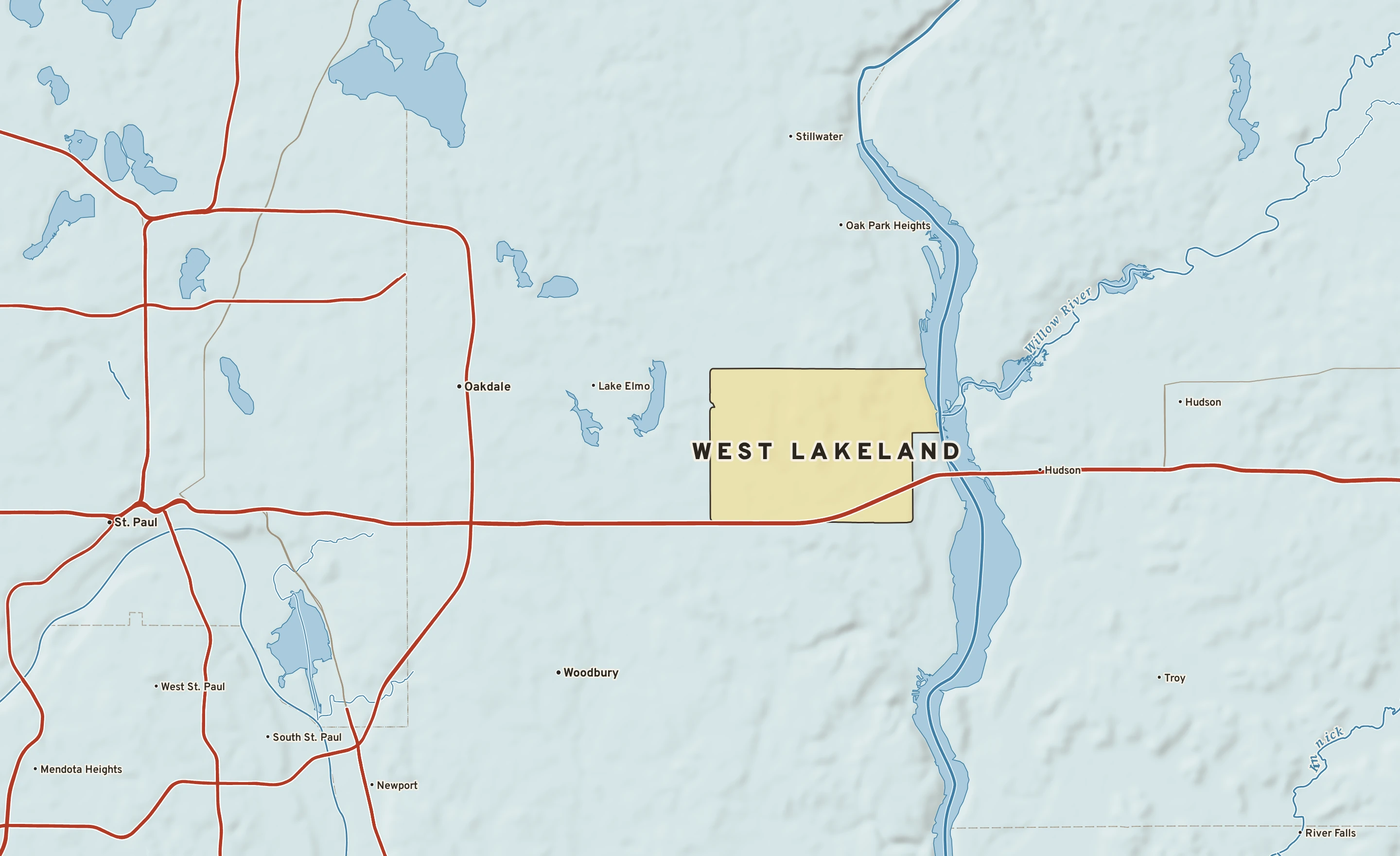 Shaded-relief atlas plate of West Lakeland, Minnesota: rivers, roads, the city limits and where the water drains.