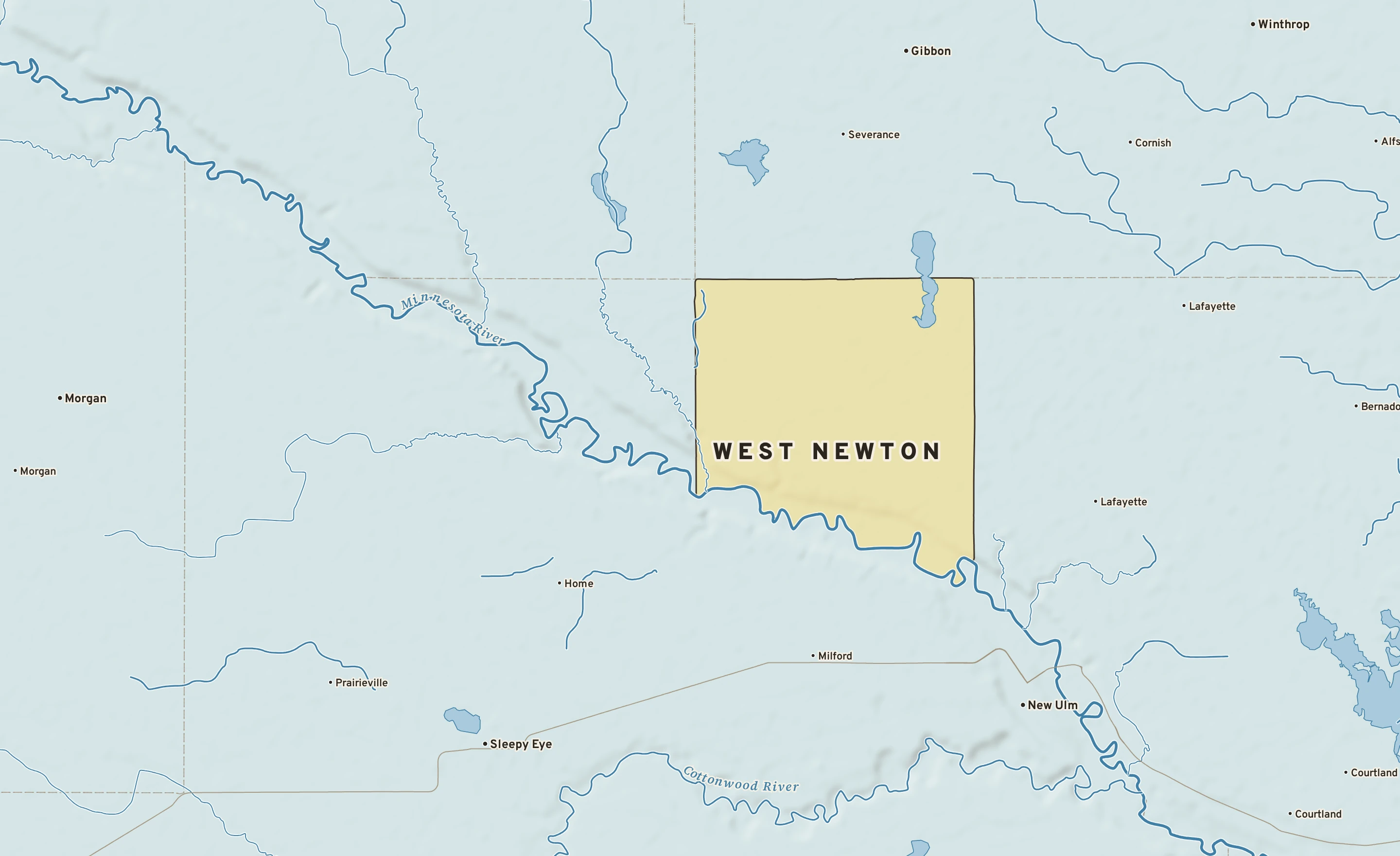 Shaded-relief atlas plate of West Newton, Minnesota: rivers, roads, the city limits and where the water drains.