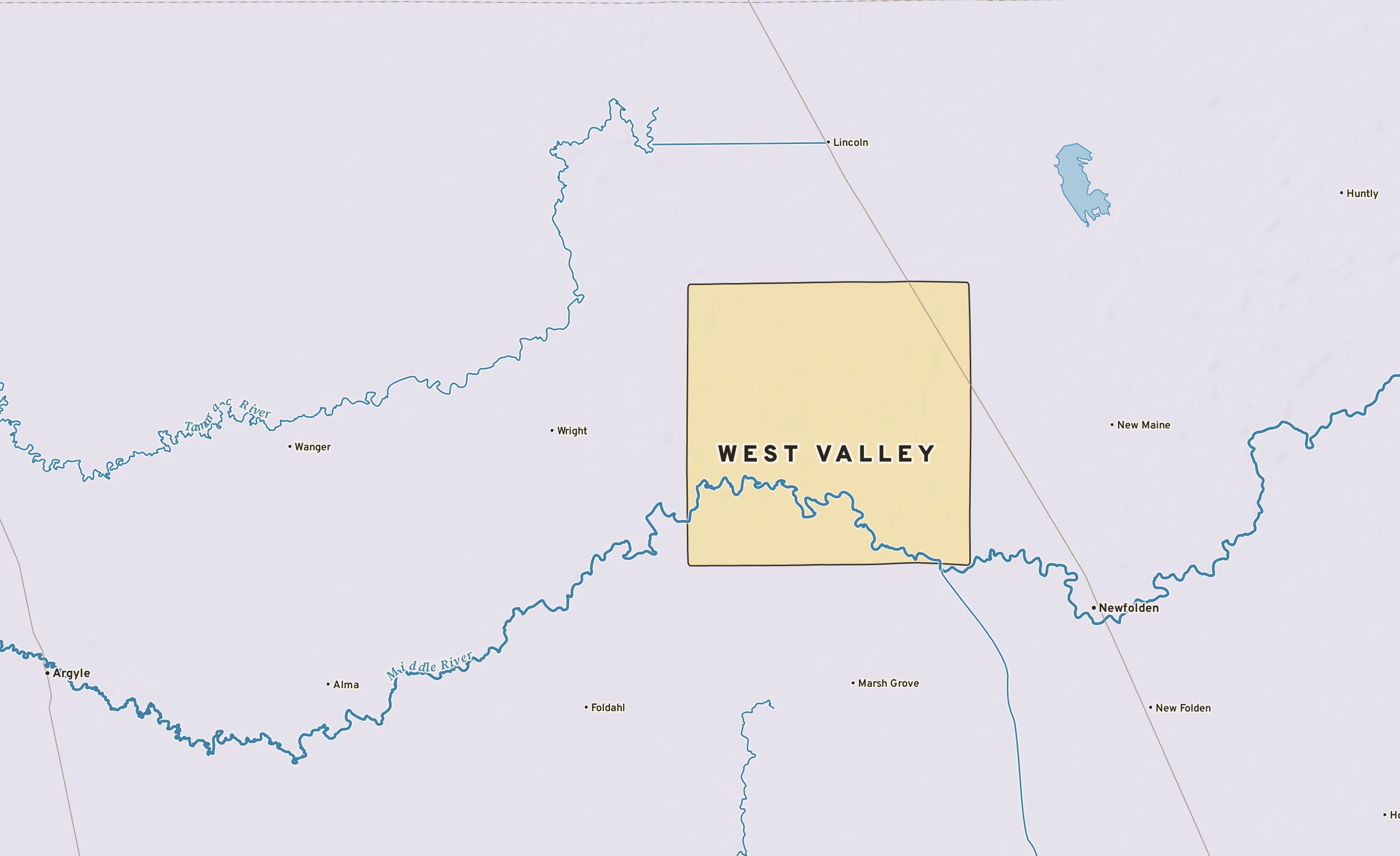 Shaded-relief atlas plate of West Valley, Minnesota: rivers, roads, the city limits and where the water drains.