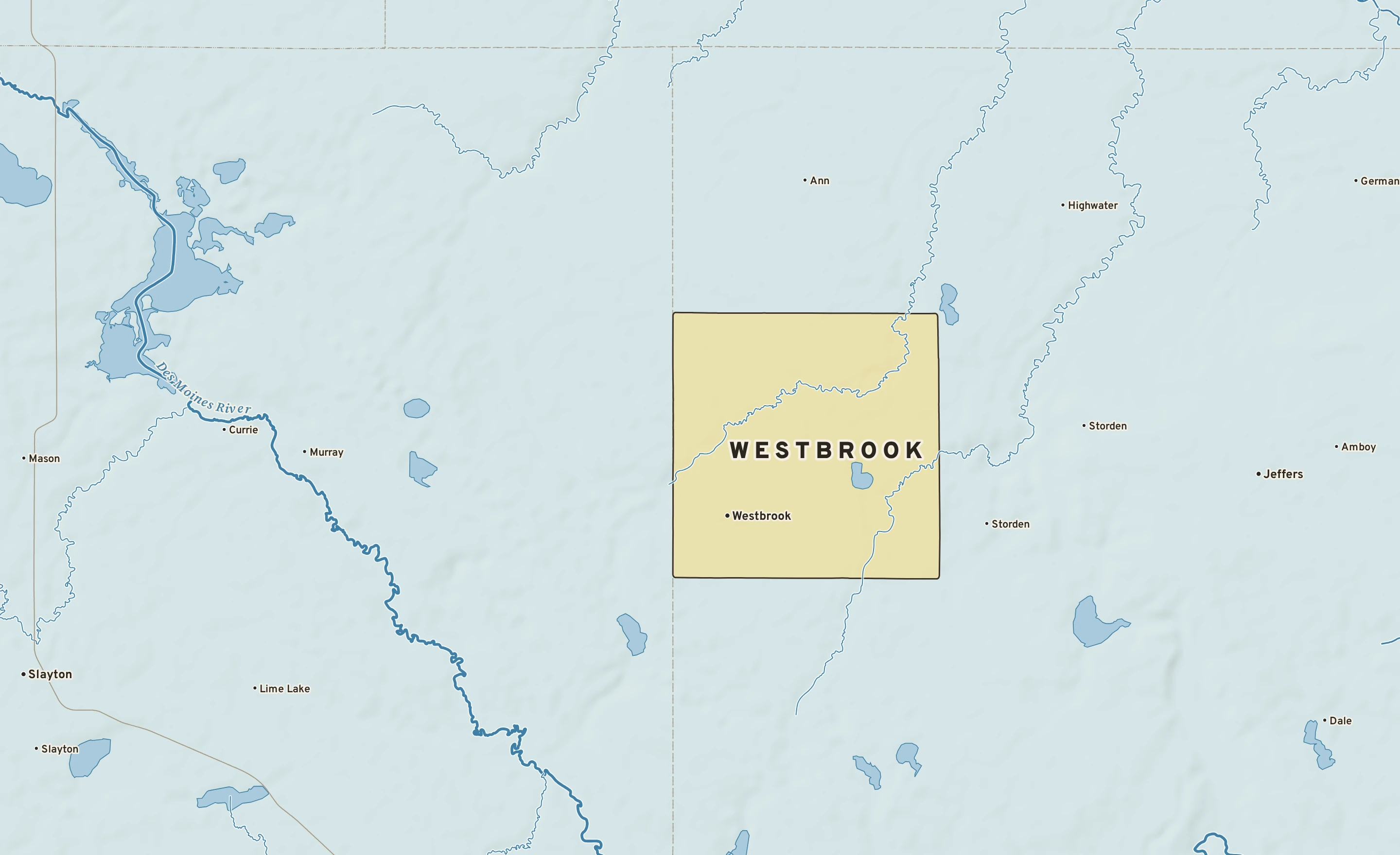 Shaded-relief atlas plate of Westbrook, Minnesota: rivers, roads, the city limits and where the water drains.