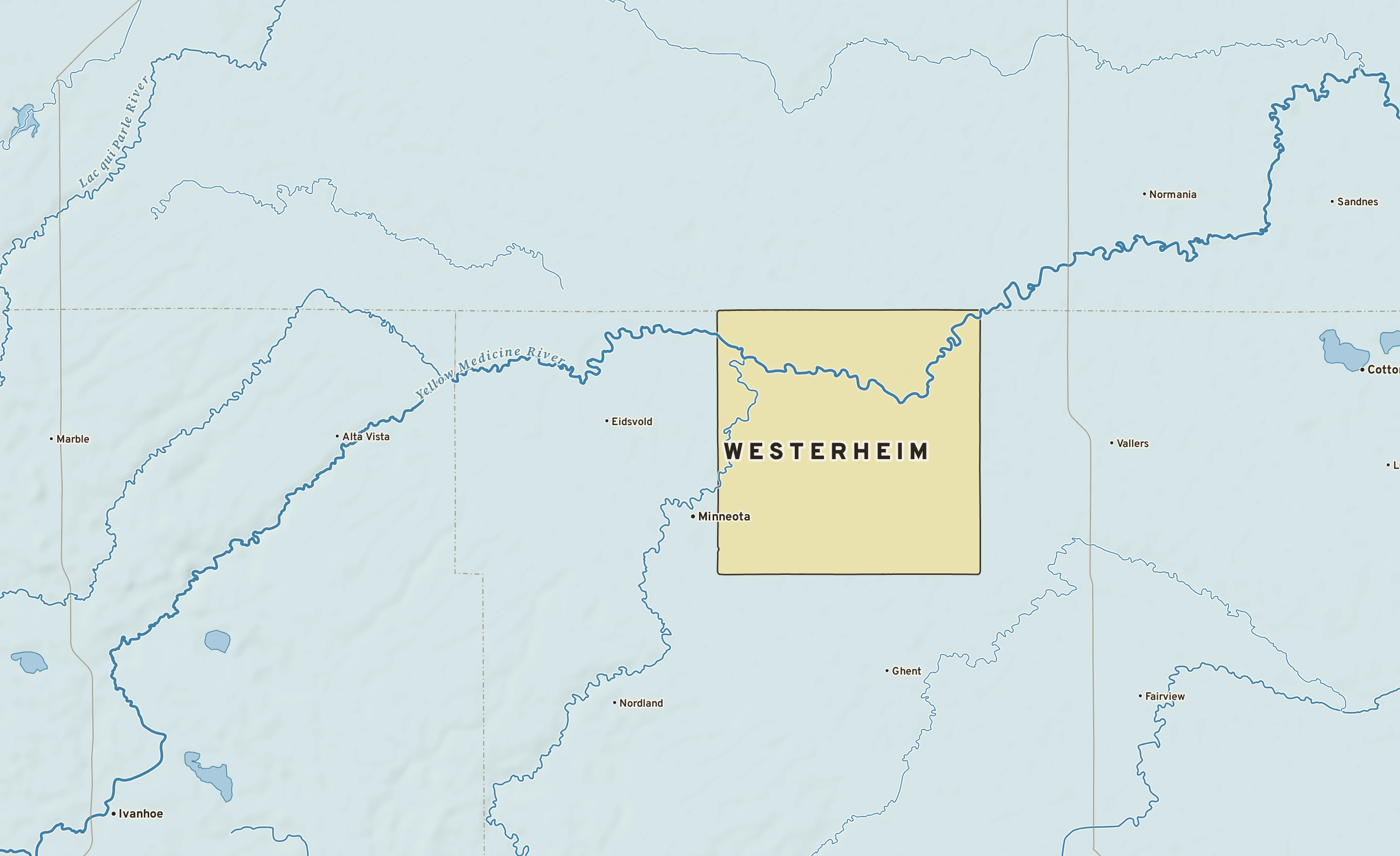 Shaded-relief atlas plate of Westerheim, Minnesota: rivers, roads, the city limits and where the water drains.