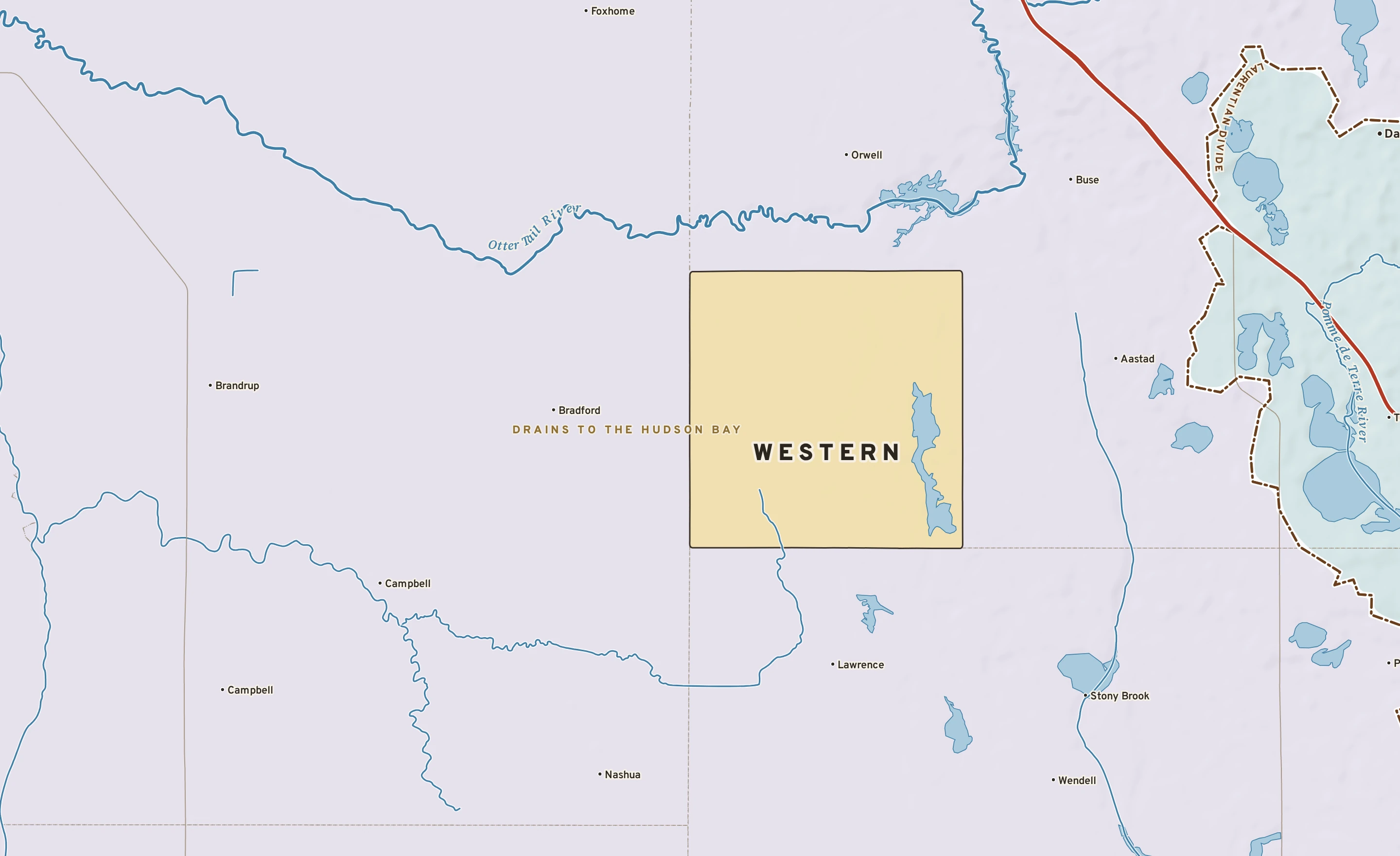 Shaded-relief atlas plate of Western, Minnesota: rivers, roads, the city limits and where the water drains.
