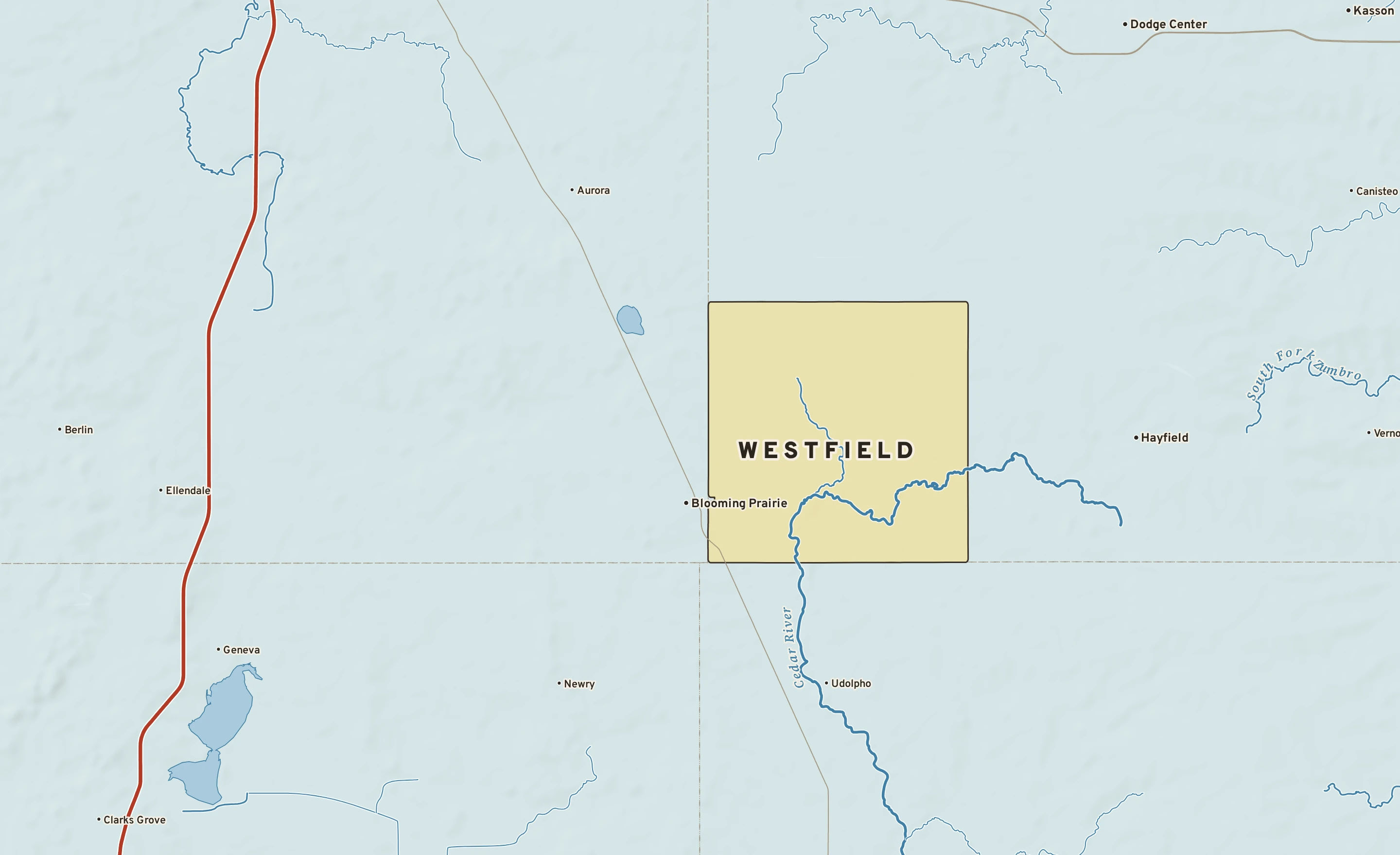 Shaded-relief atlas plate of Westfield, Minnesota: rivers, roads, the city limits and where the water drains.