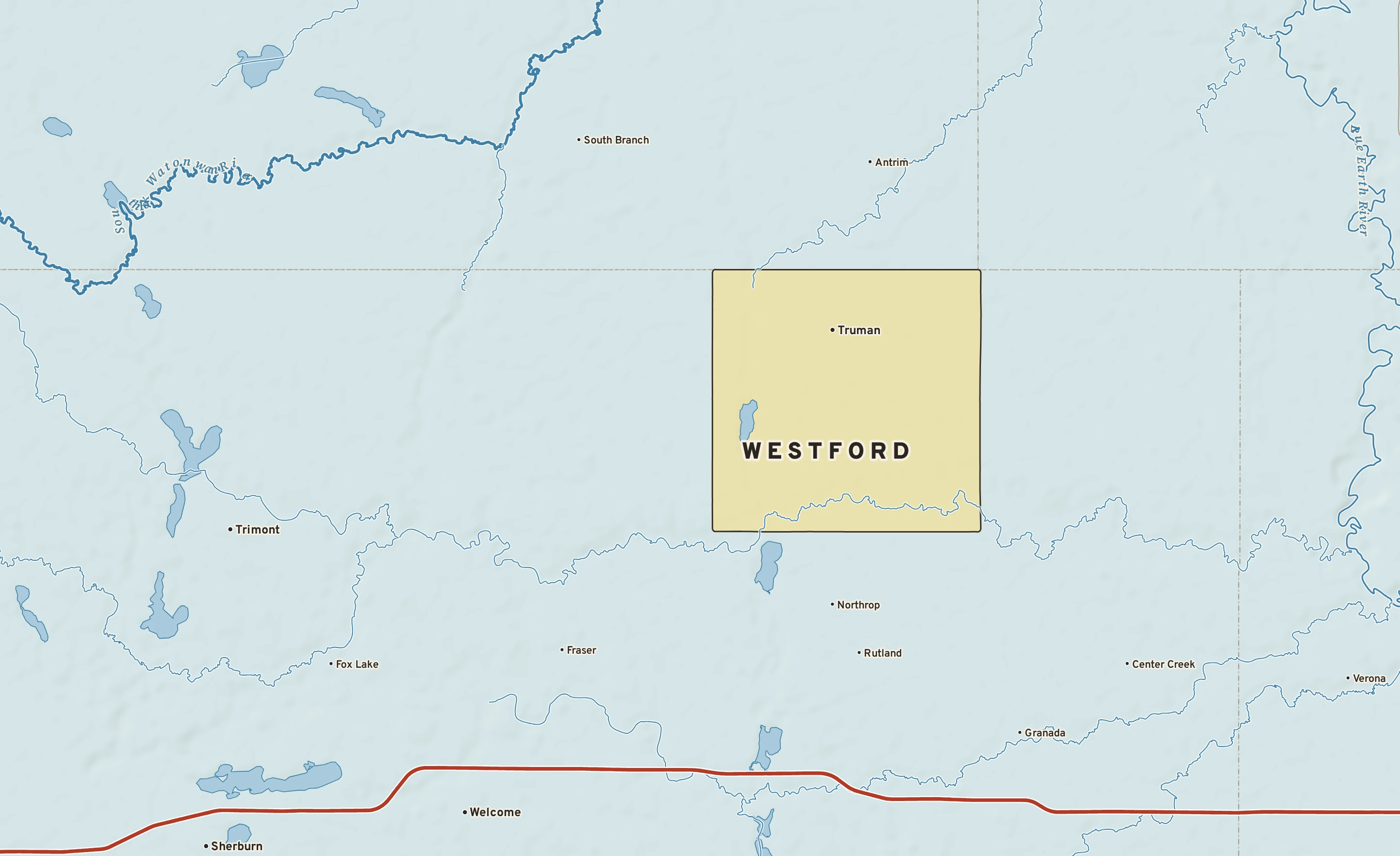Shaded-relief atlas plate of Westford, Minnesota: rivers, roads, the city limits and where the water drains.