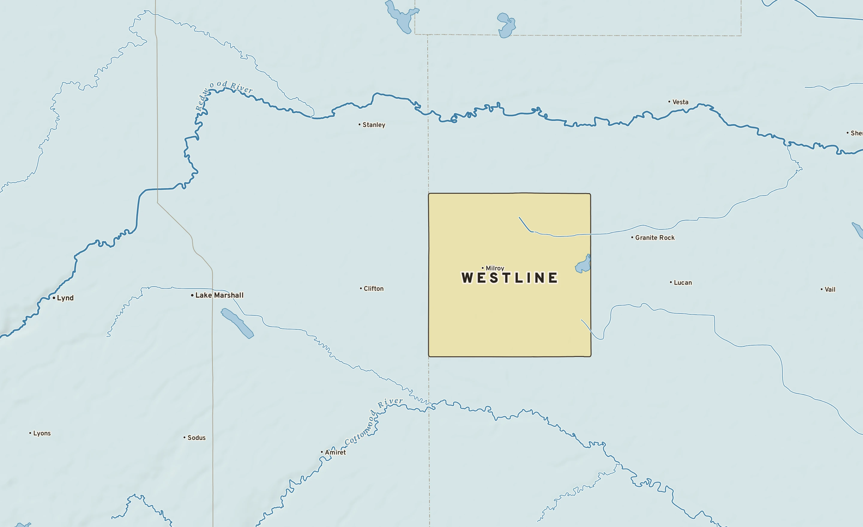 Shaded-relief atlas plate of Westline, Minnesota: rivers, roads, the city limits and where the water drains.