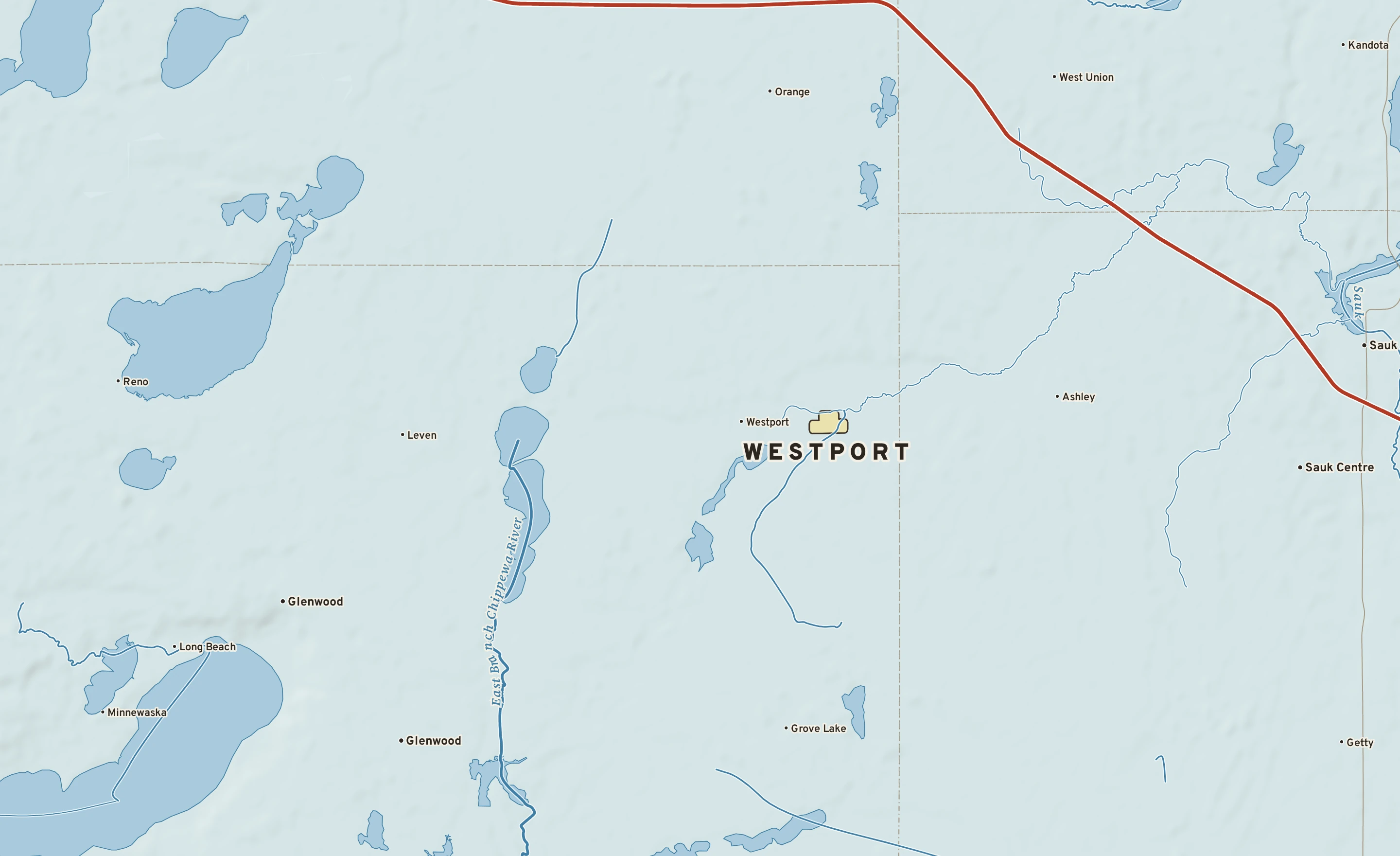 Shaded-relief atlas plate of Westport, Minnesota: rivers, roads, the city limits and where the water drains.