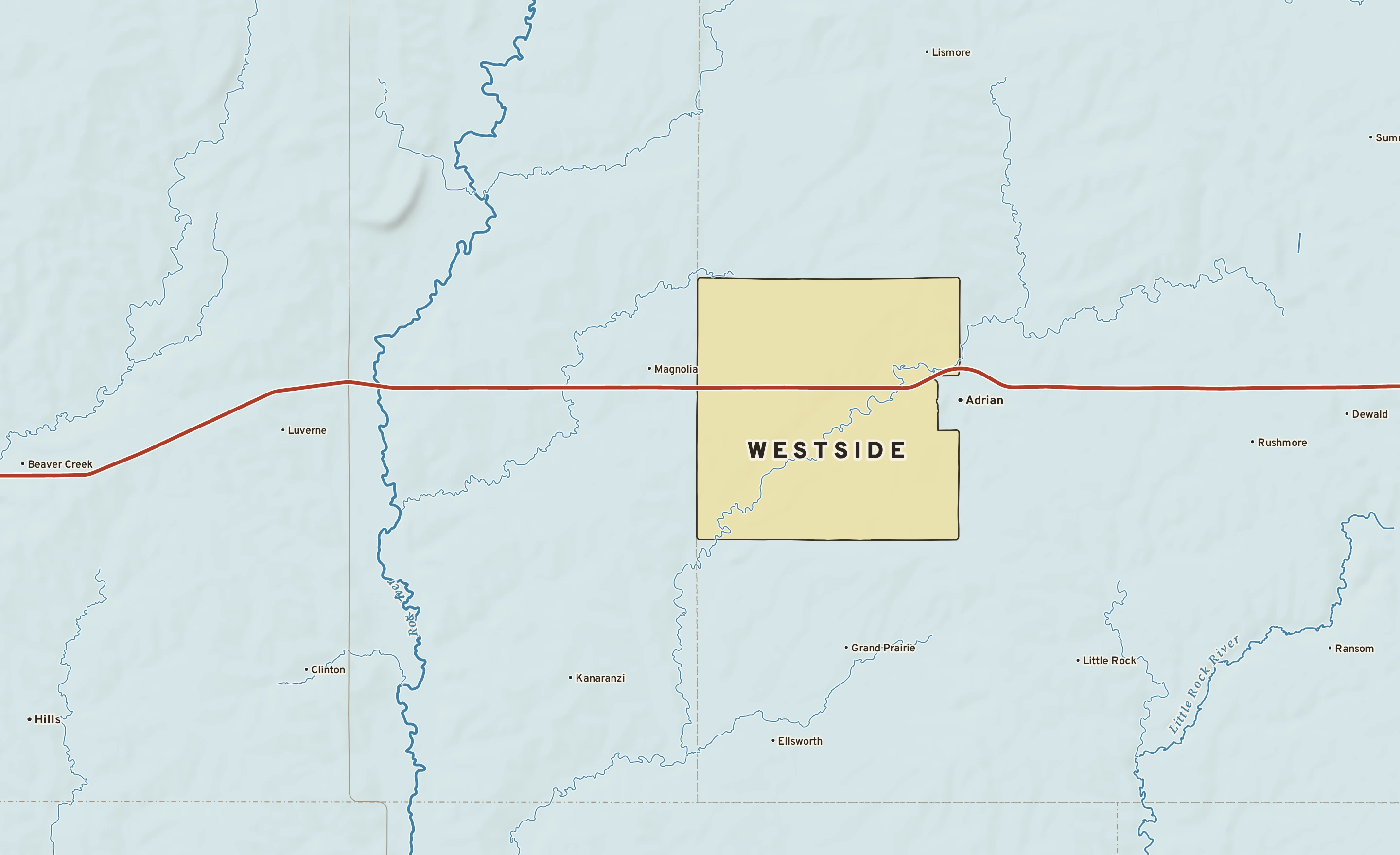 Shaded-relief atlas plate of Westside, Minnesota: rivers, roads, the city limits and where the water drains.
