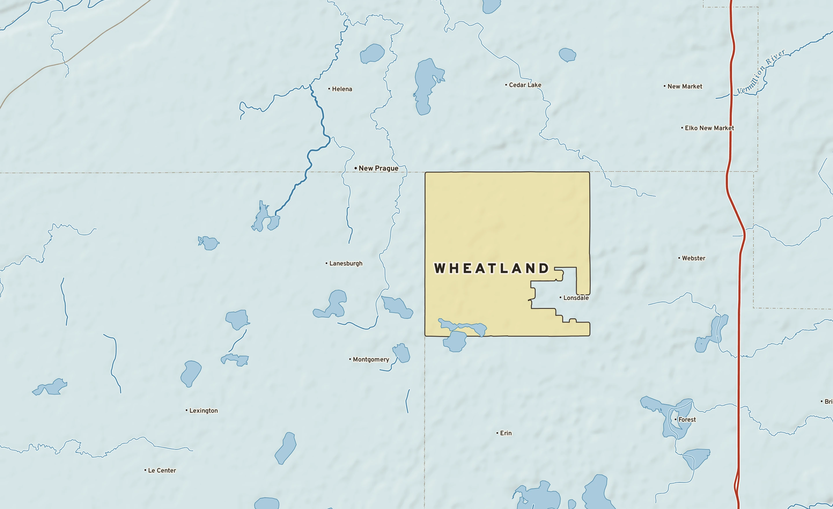 Shaded-relief atlas plate of Wheatland, Minnesota: rivers, roads, the city limits and where the water drains.