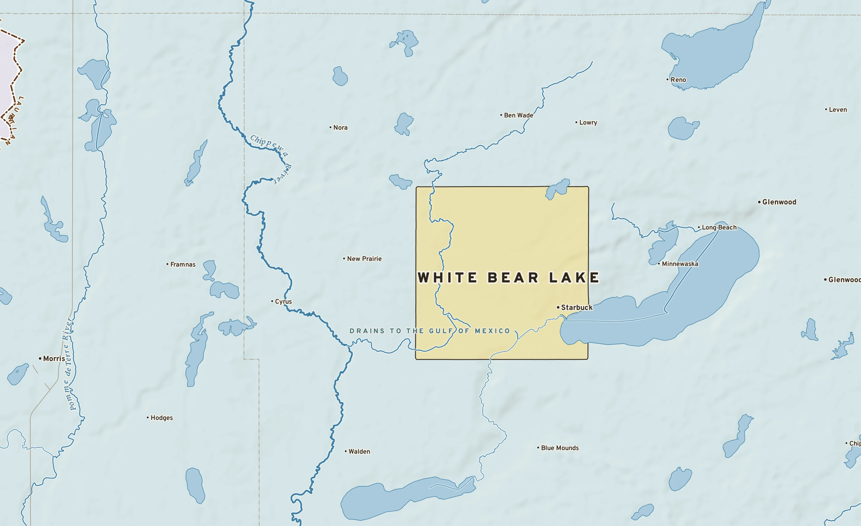 Shaded-relief atlas plate of White Bear Lake, Minnesota: rivers, roads, the city limits and where the water drains.