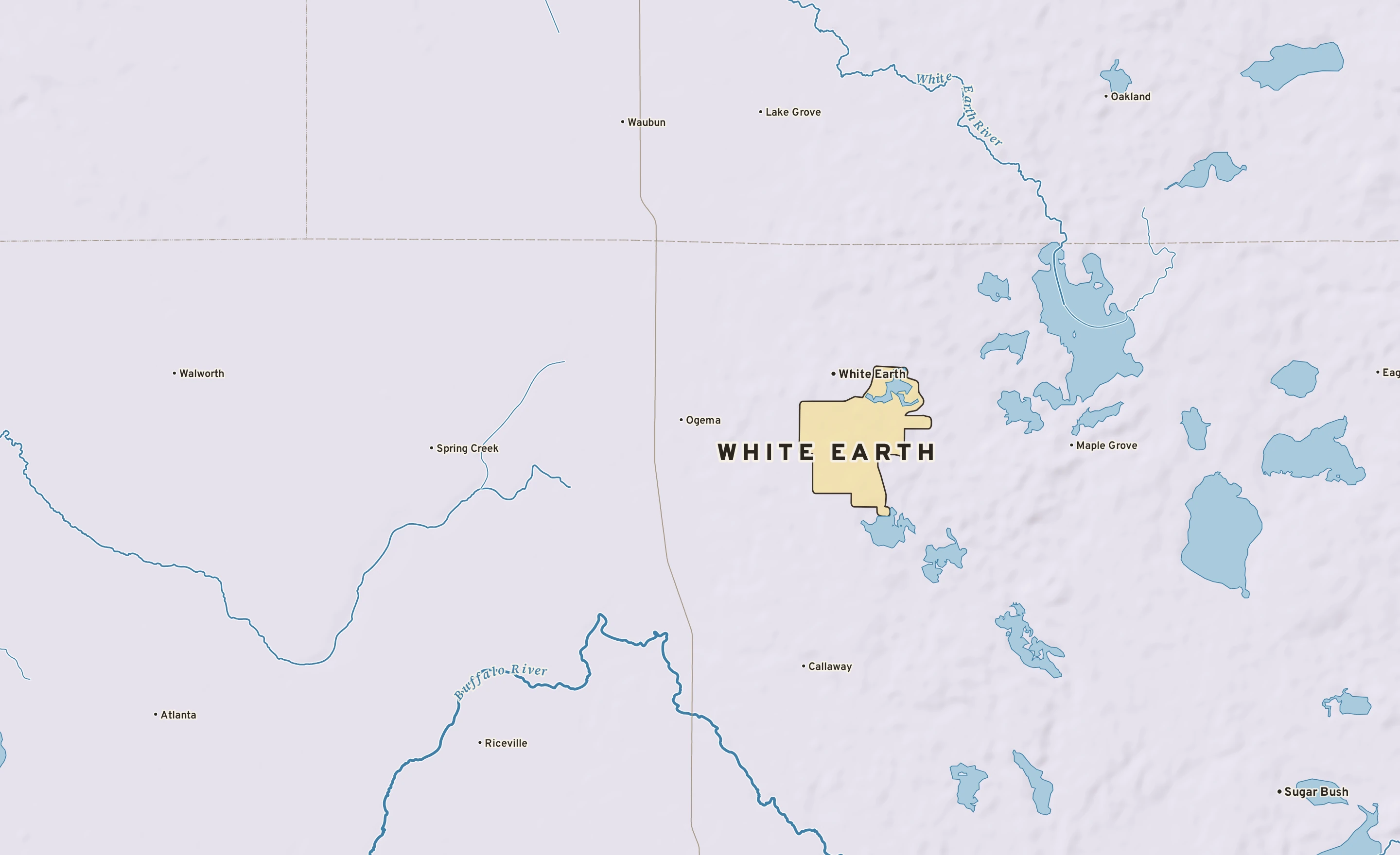 Shaded-relief atlas plate of White Earth, Minnesota: rivers, roads, the city limits and where the water drains.