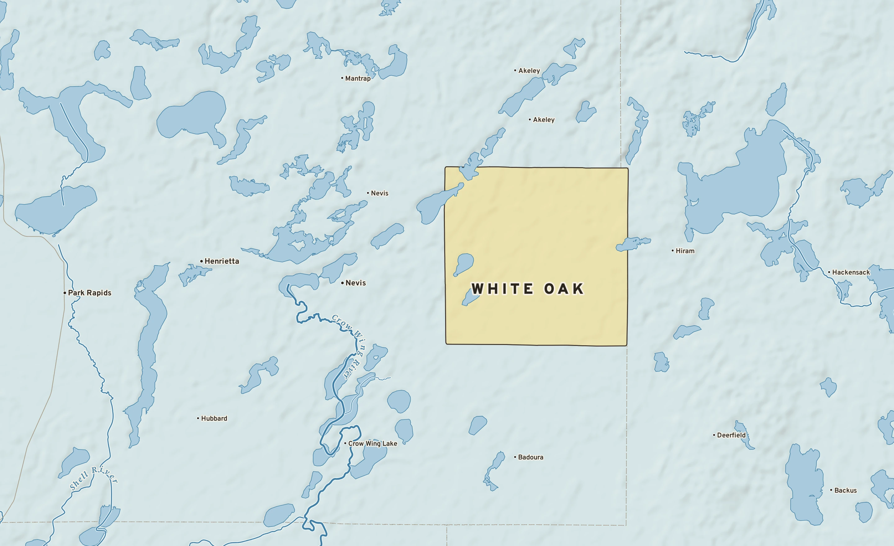 Shaded-relief atlas plate of White Oak, Minnesota: rivers, roads, the city limits and where the water drains.