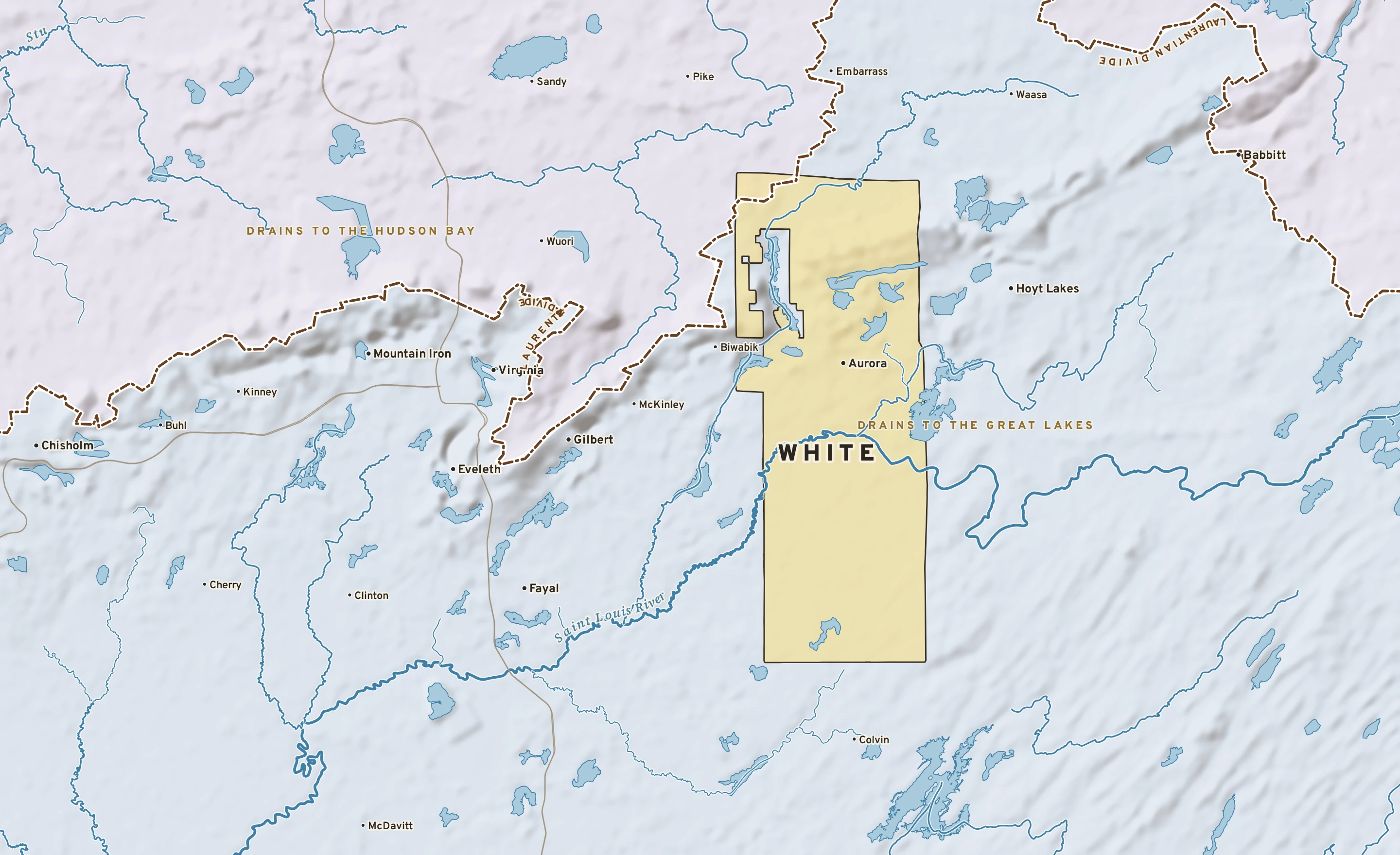 Shaded-relief atlas plate of White, Minnesota: rivers, roads, the city limits and where the water drains.