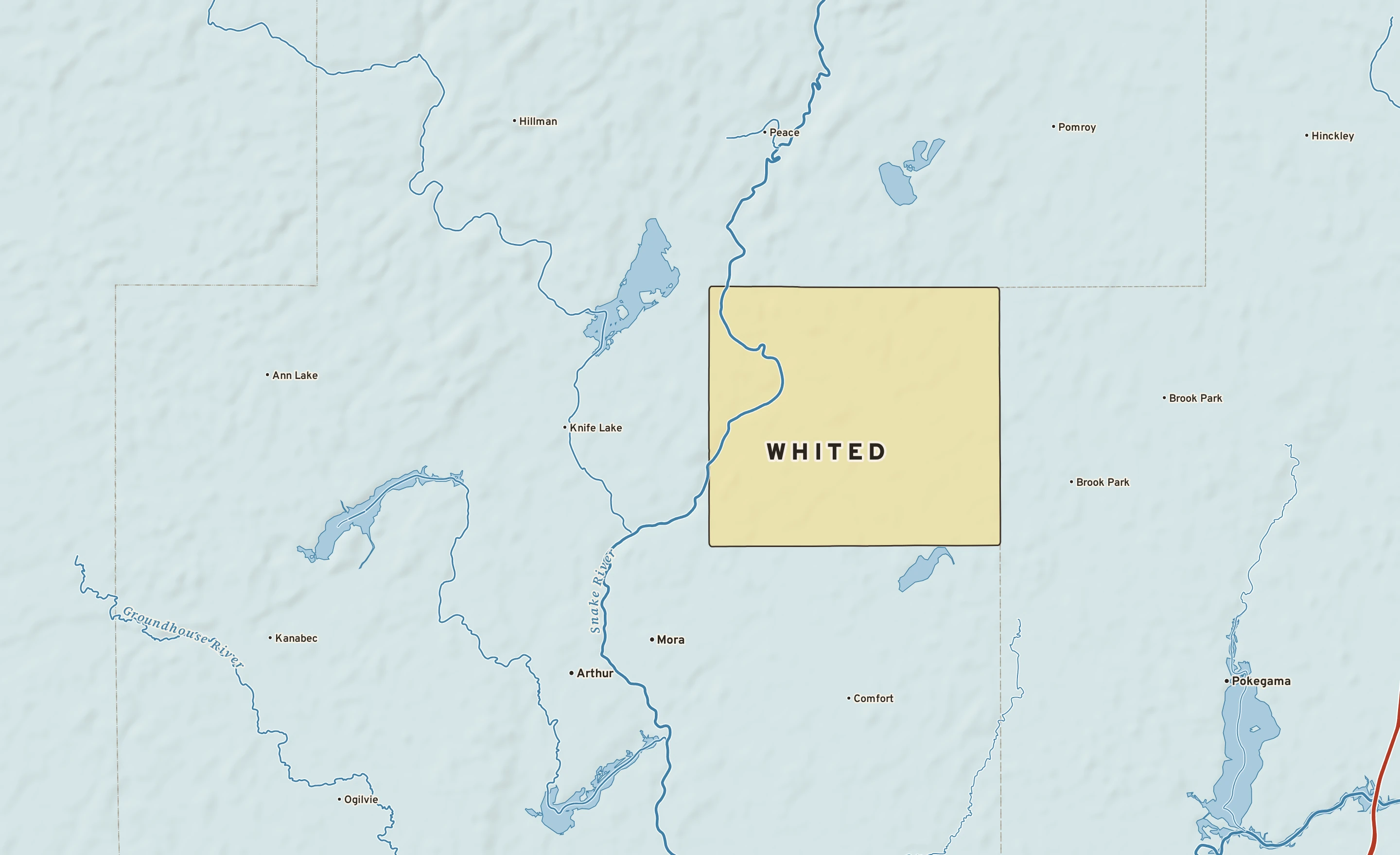 Shaded-relief atlas plate of Whited, Minnesota: rivers, roads, the city limits and where the water drains.