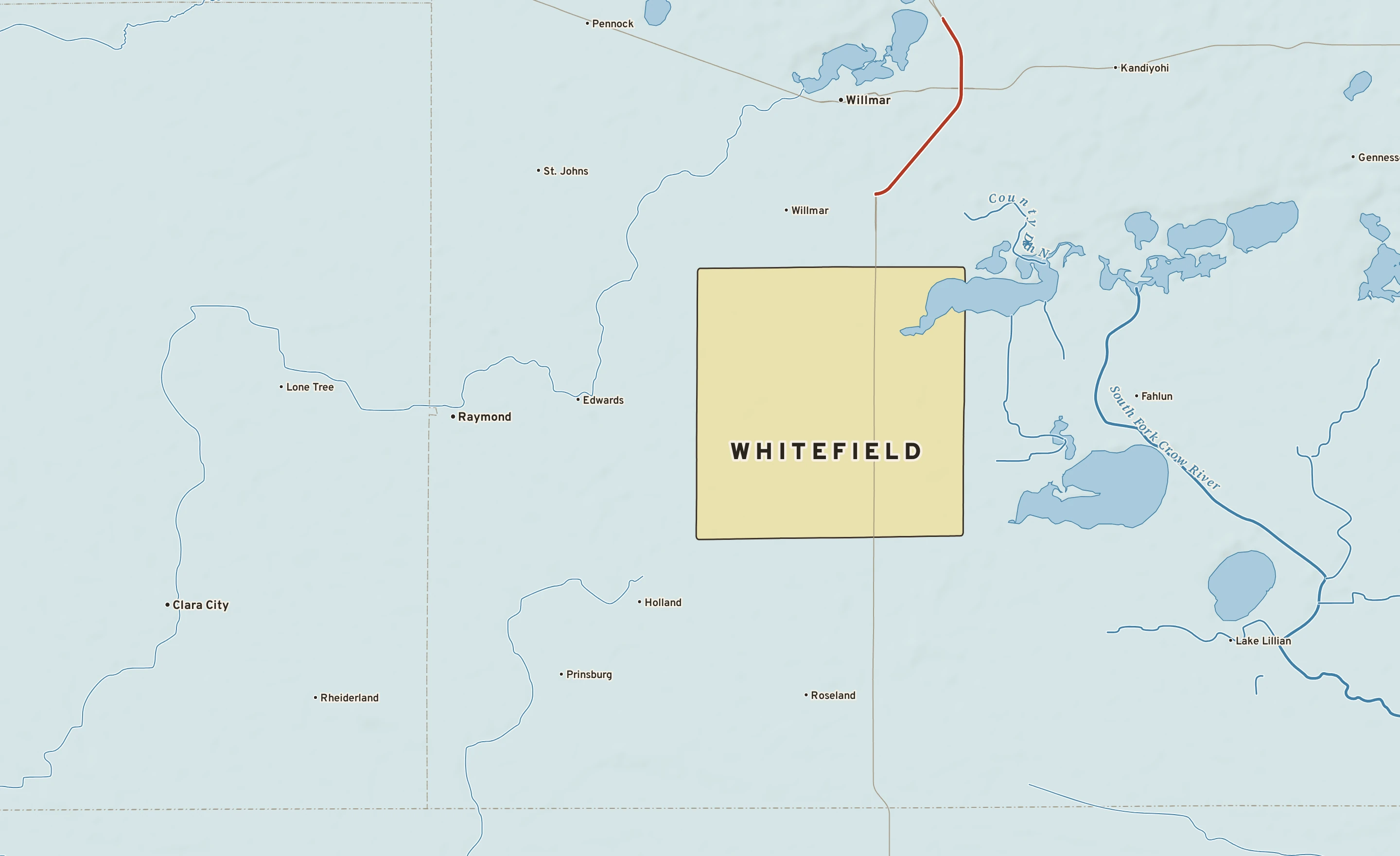 Shaded-relief atlas plate of Whitefield, Minnesota: rivers, roads, the city limits and where the water drains.